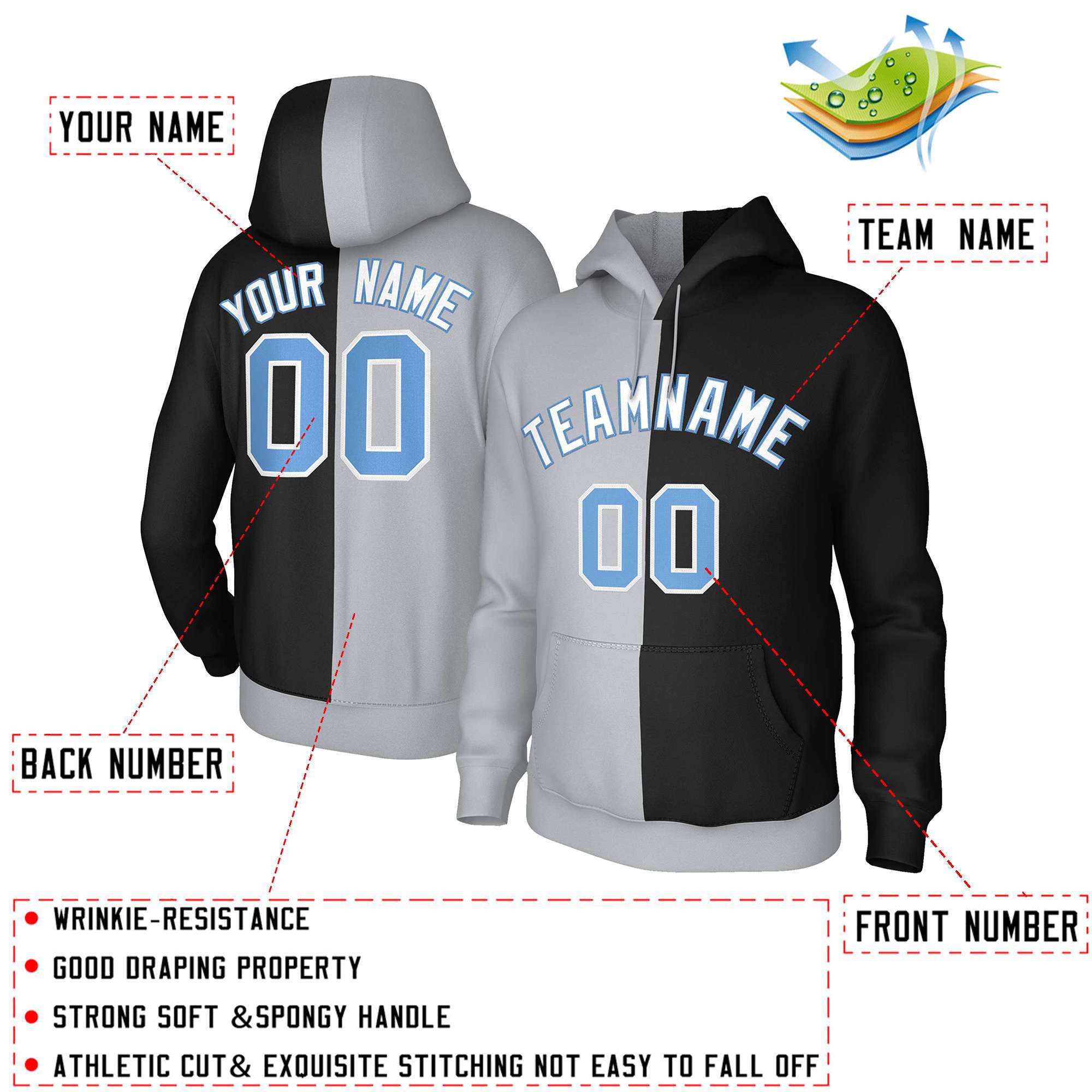 Custom Gray Black White-Light Blue Split Fashion Stitched Sportwear Pullover Hoodie