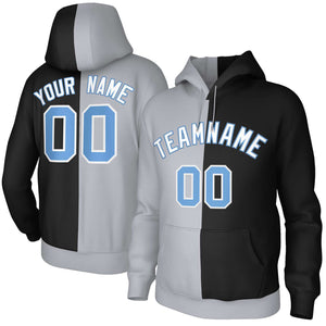 Custom Gray Black White-Light Blue Split Fashion Stitched Sportwear Pullover Hoodie