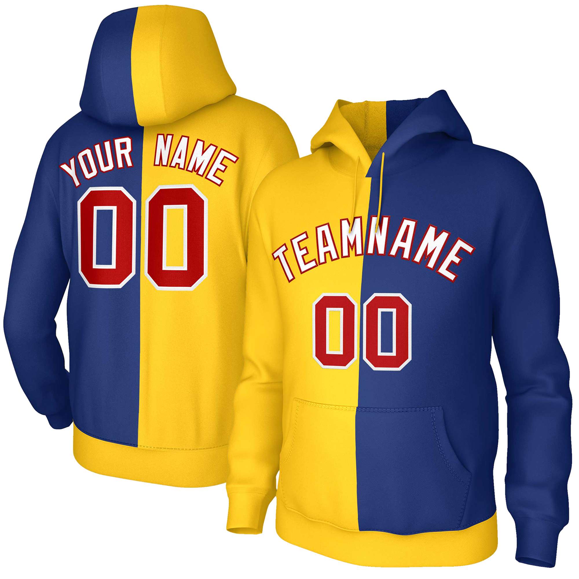 Custom Gold Royal White-Red Split Fashion Stitched Sportwear Pullover Hoodie