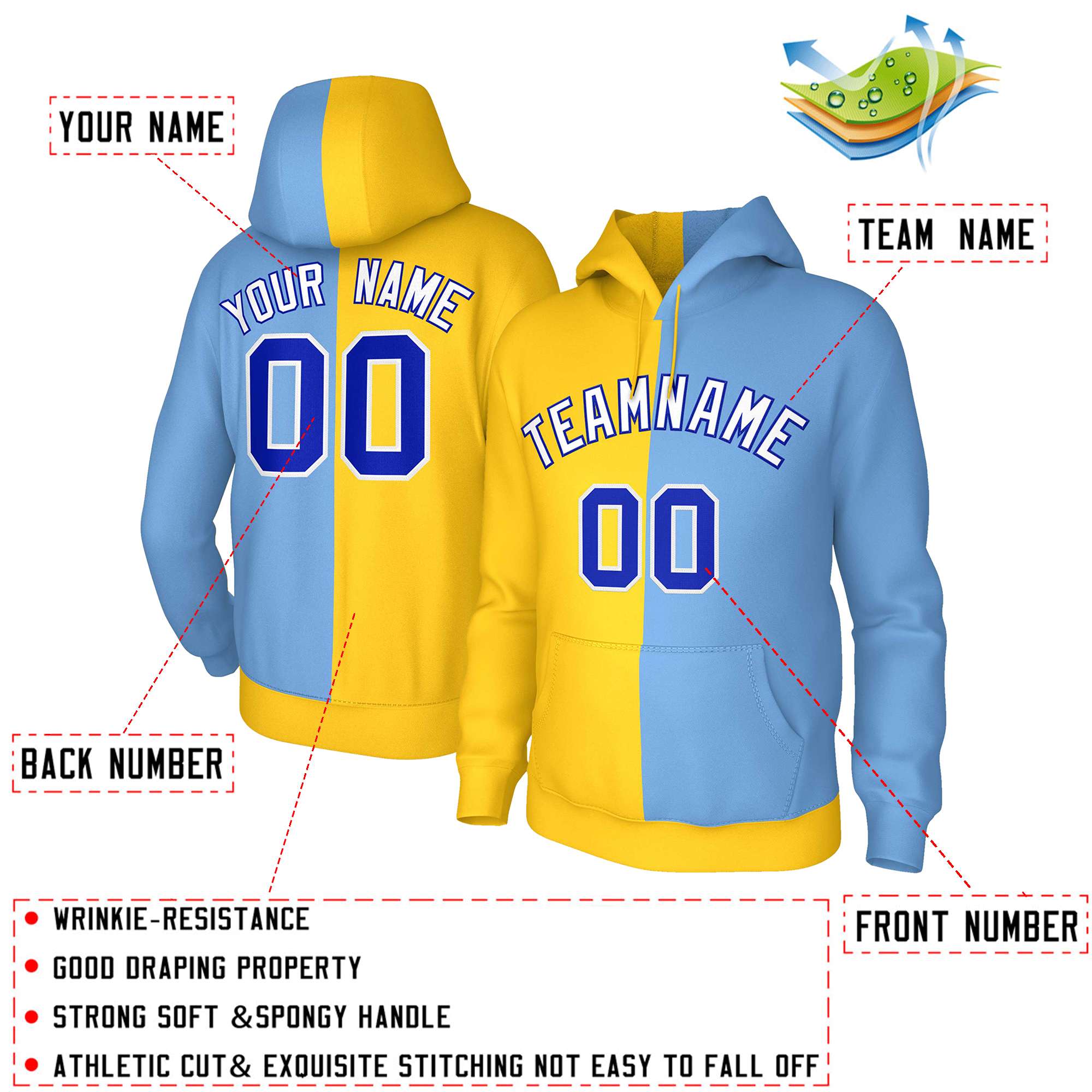 Custom Gold Light Blue White-Royal Split Fashion Stitched Sportwear Pullover Hoodie