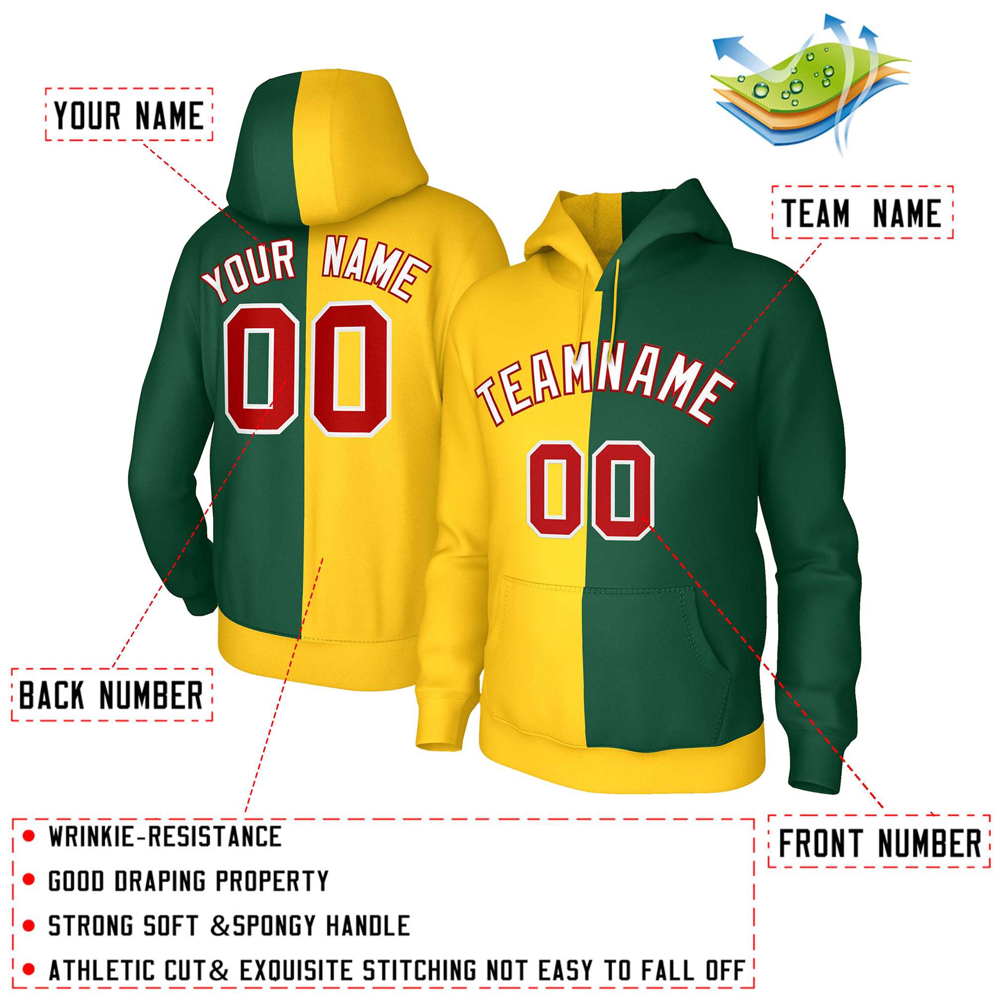 Custom Gold Green White-Red Split Fashion Stitched Sportwear Pullover Hoodie