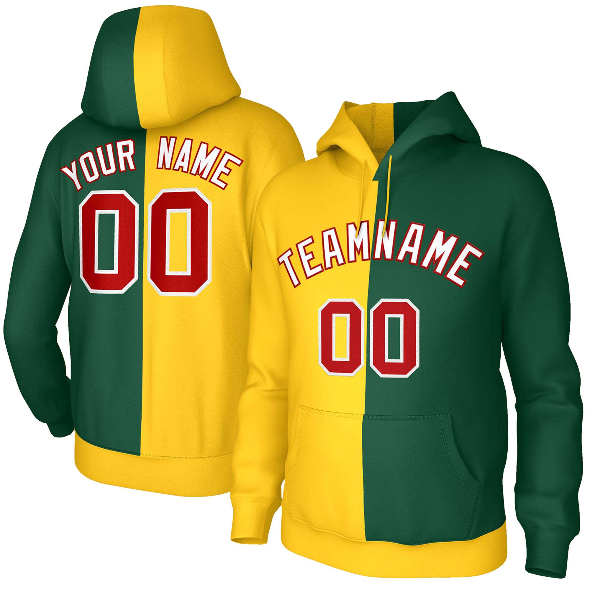 Custom Gold Green White-Red Split Fashion Stitched Sportwear Pullover Hoodie