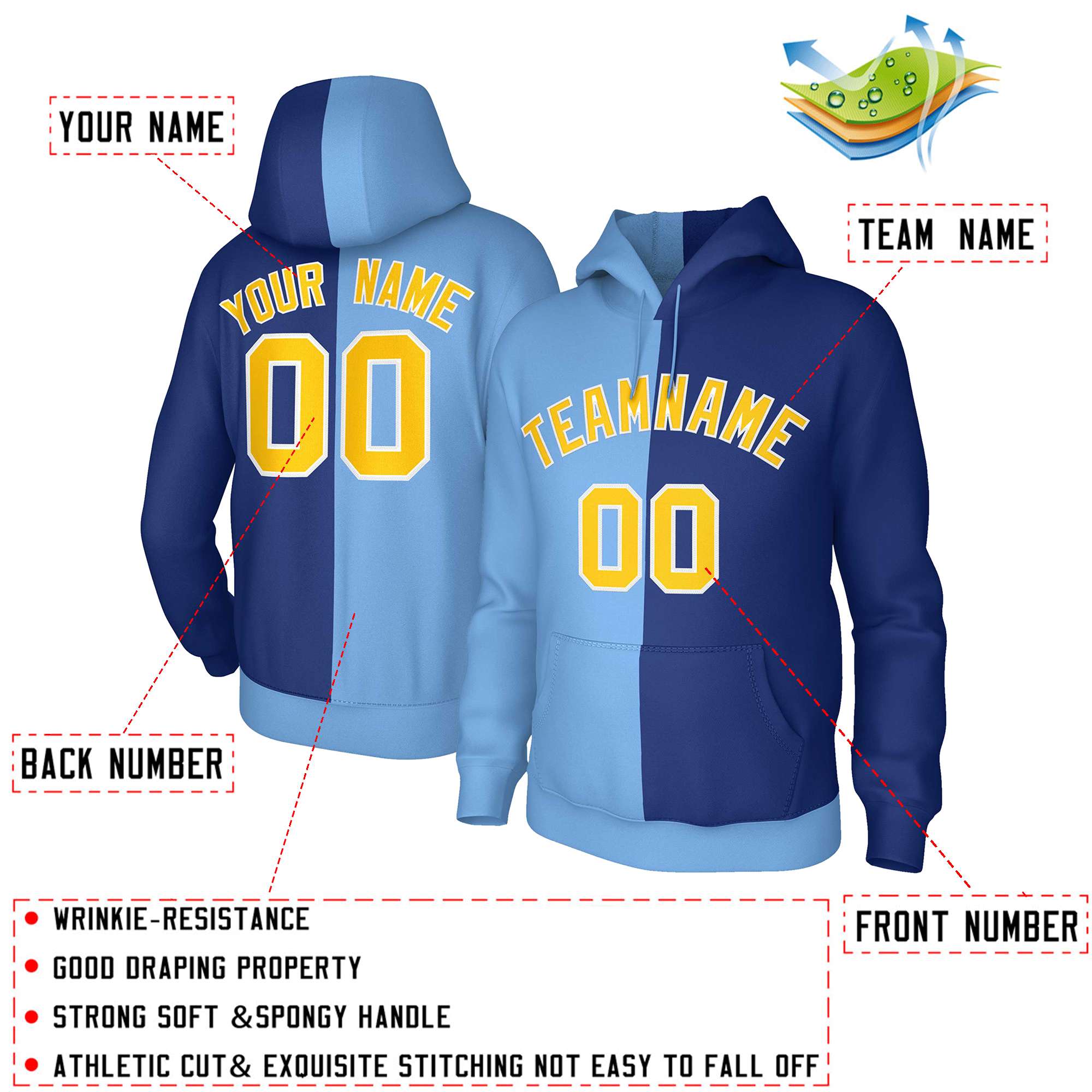 Custom Light Blue Royal Gold-White Split Fashion Stitched Sportwear Pullover Hoodie