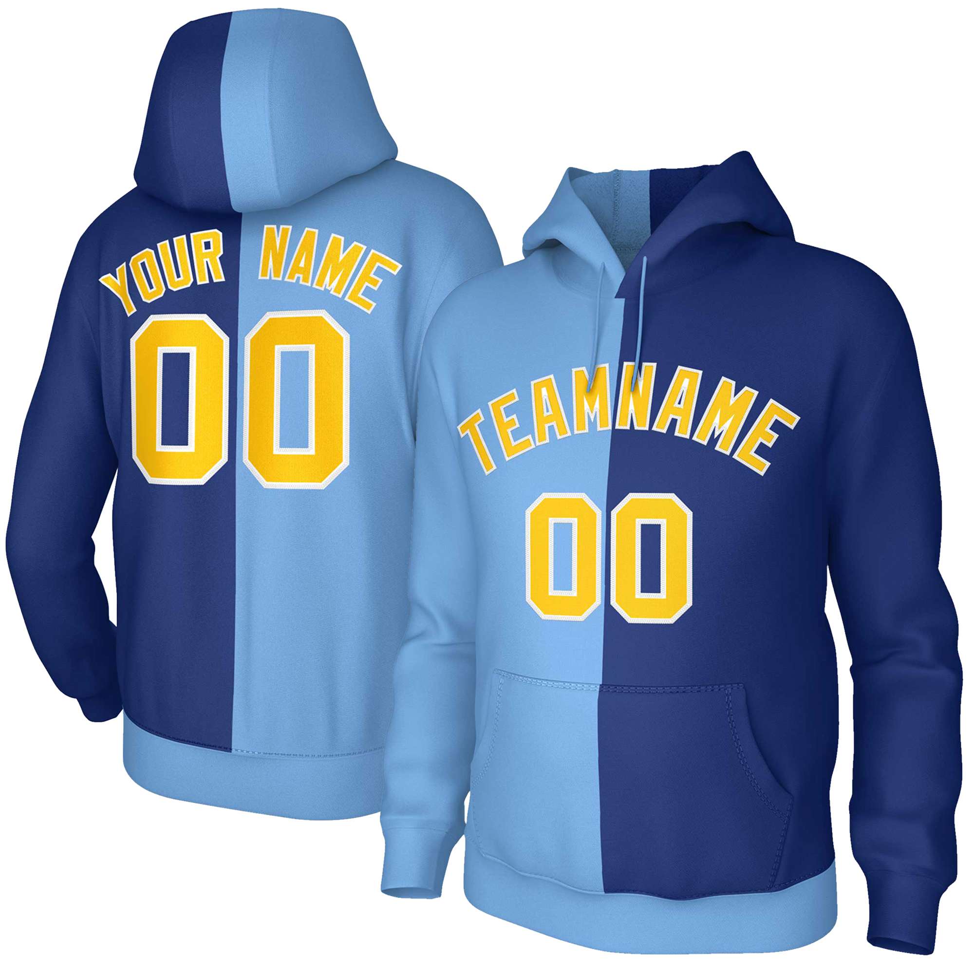 Custom Light Blue Royal Gold-White Split Fashion Stitched Sportwear Pullover Hoodie