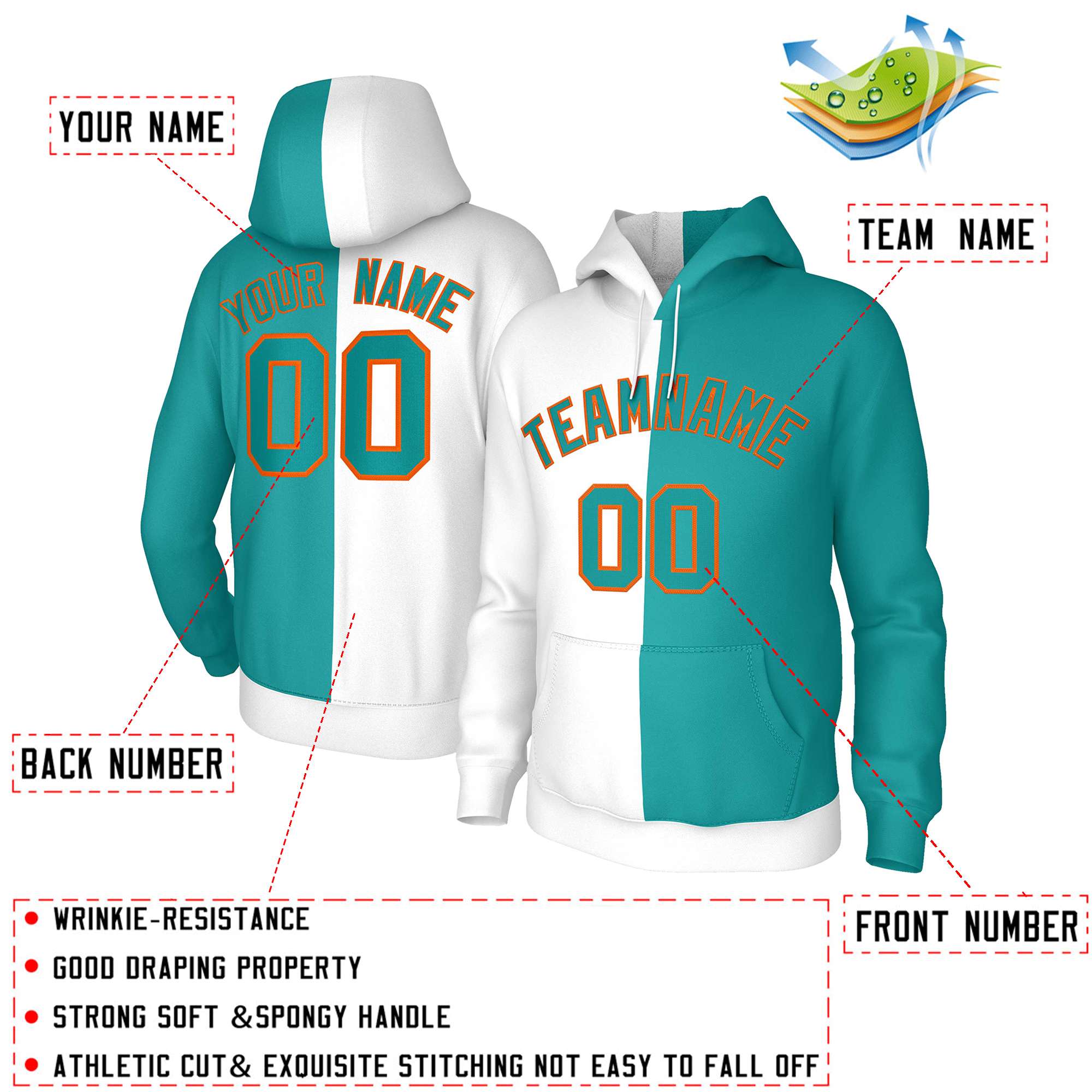 Custom White Aqua Aqua-Orange Split Fashion Stitched Sportwear Pullover Hoodie