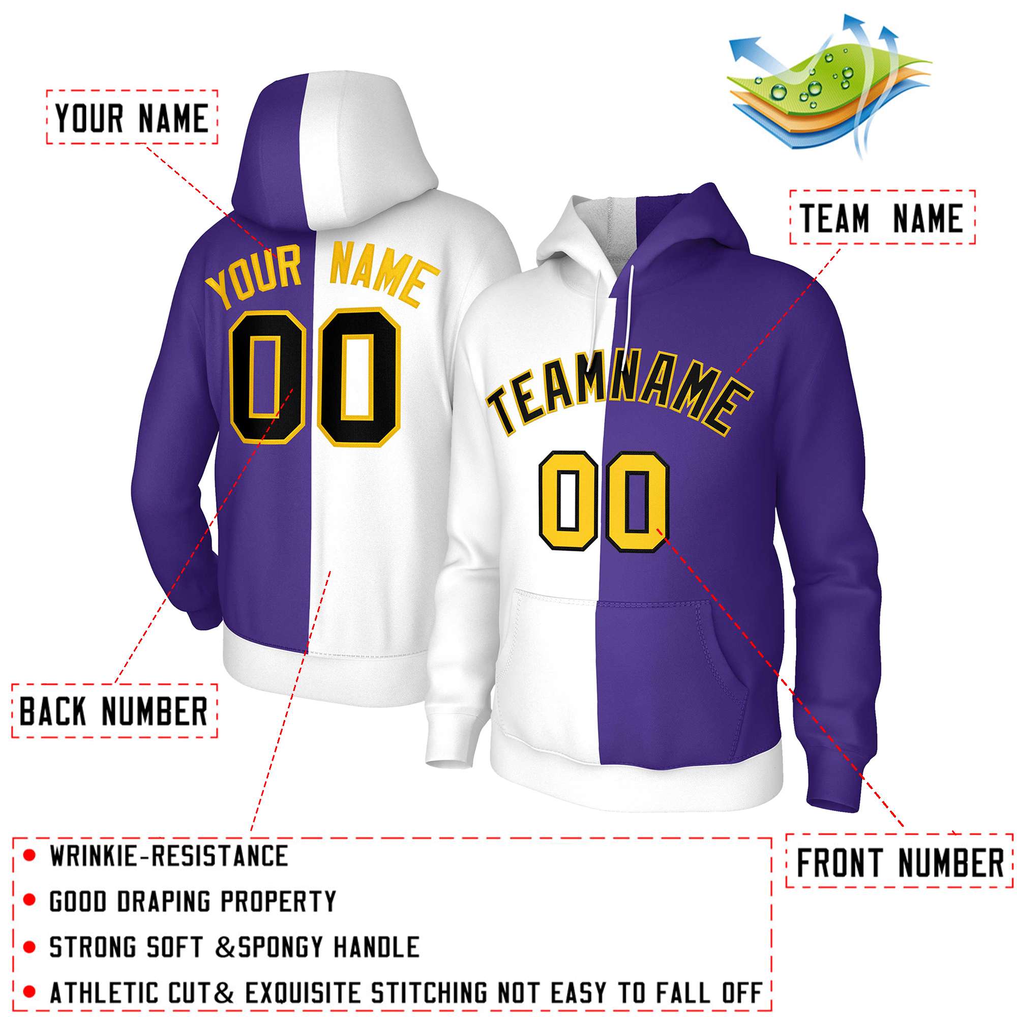 Custom White Purple Black-Gold Split Fashion Stitched Sportwear Pullover Hoodie