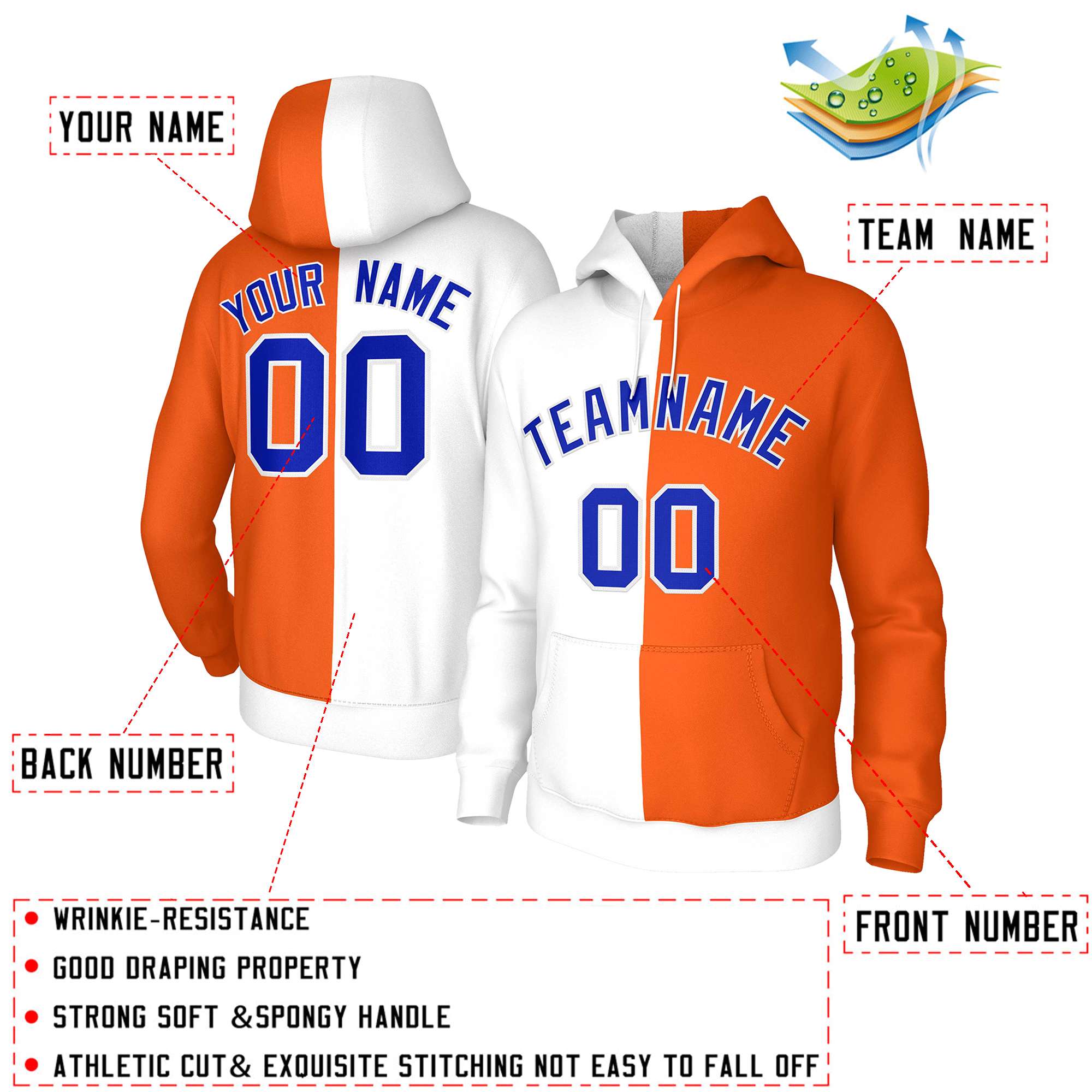 Custom White Orange Royal-White Split Fashion Stitched Sportwear Pullover Hoodie