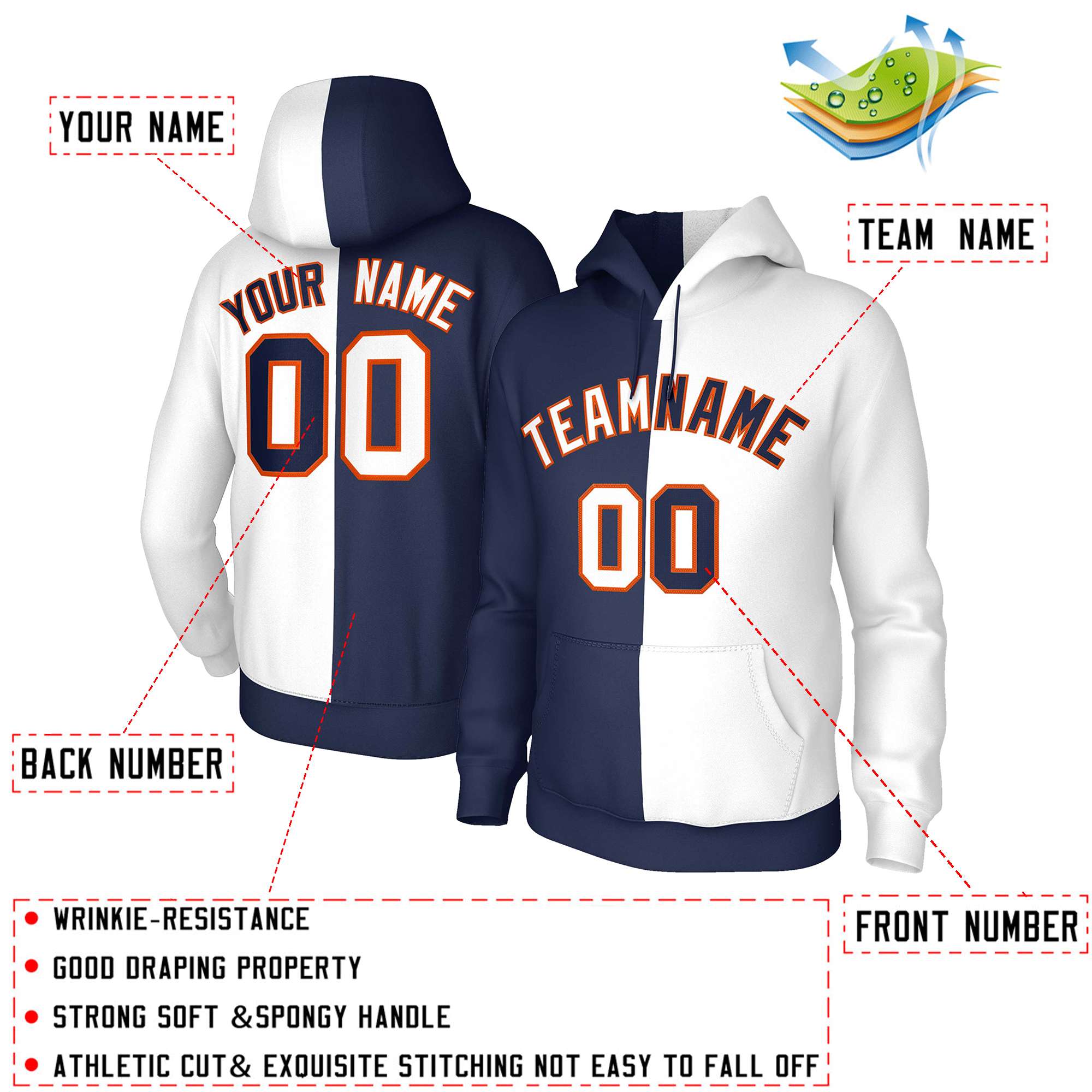 Custom Navy White White-Orange Split Fashion Stitched Sportwear Pullover Hoodie