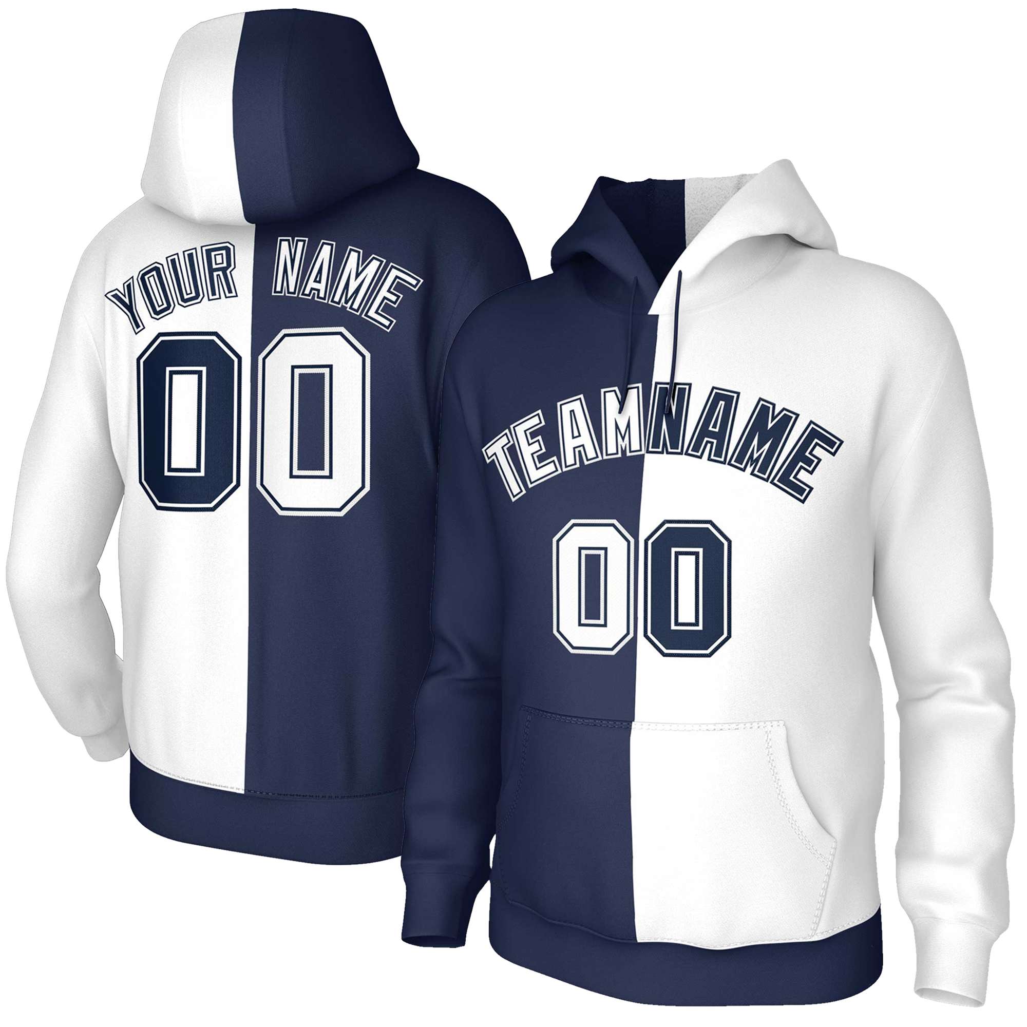 Sweat à capuche personnalisé bleu marine blanc blanc-marine fendu, vêtements de sport cousus à la mode