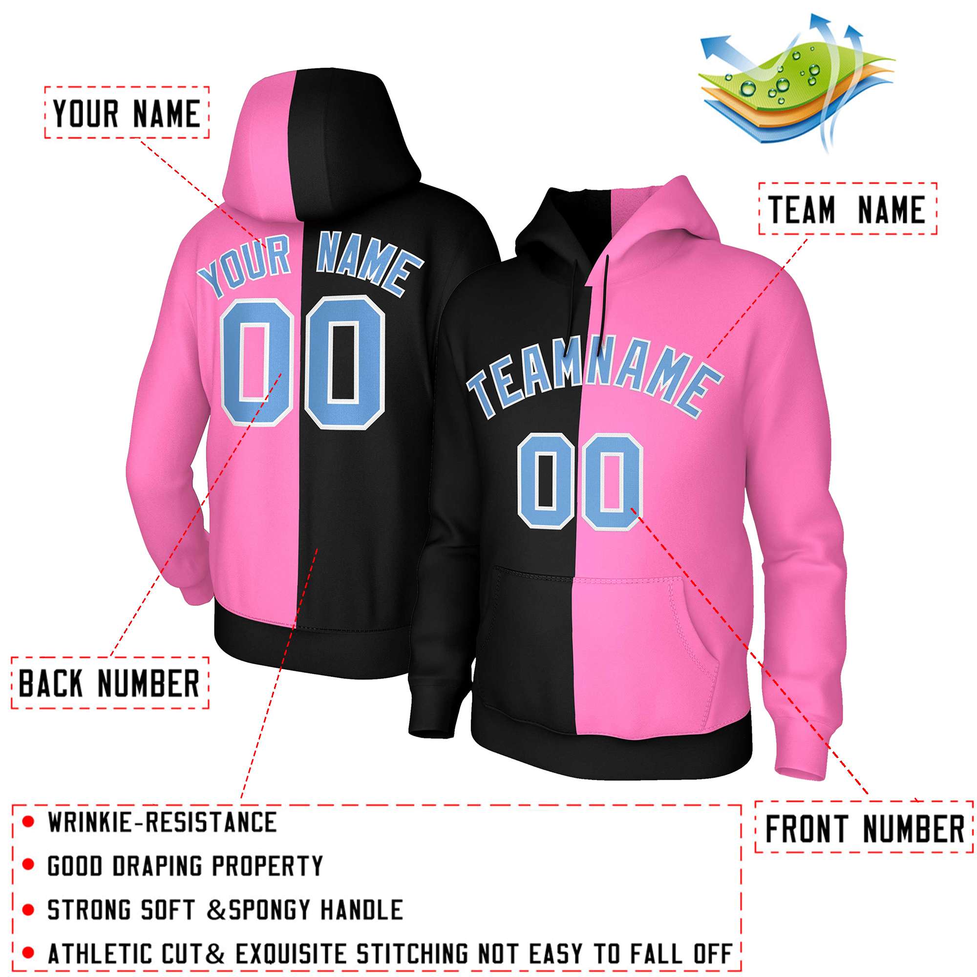 Custom Black Pink Light Blue-White Split Fashion Stitched Sportwear Pullover Hoodie