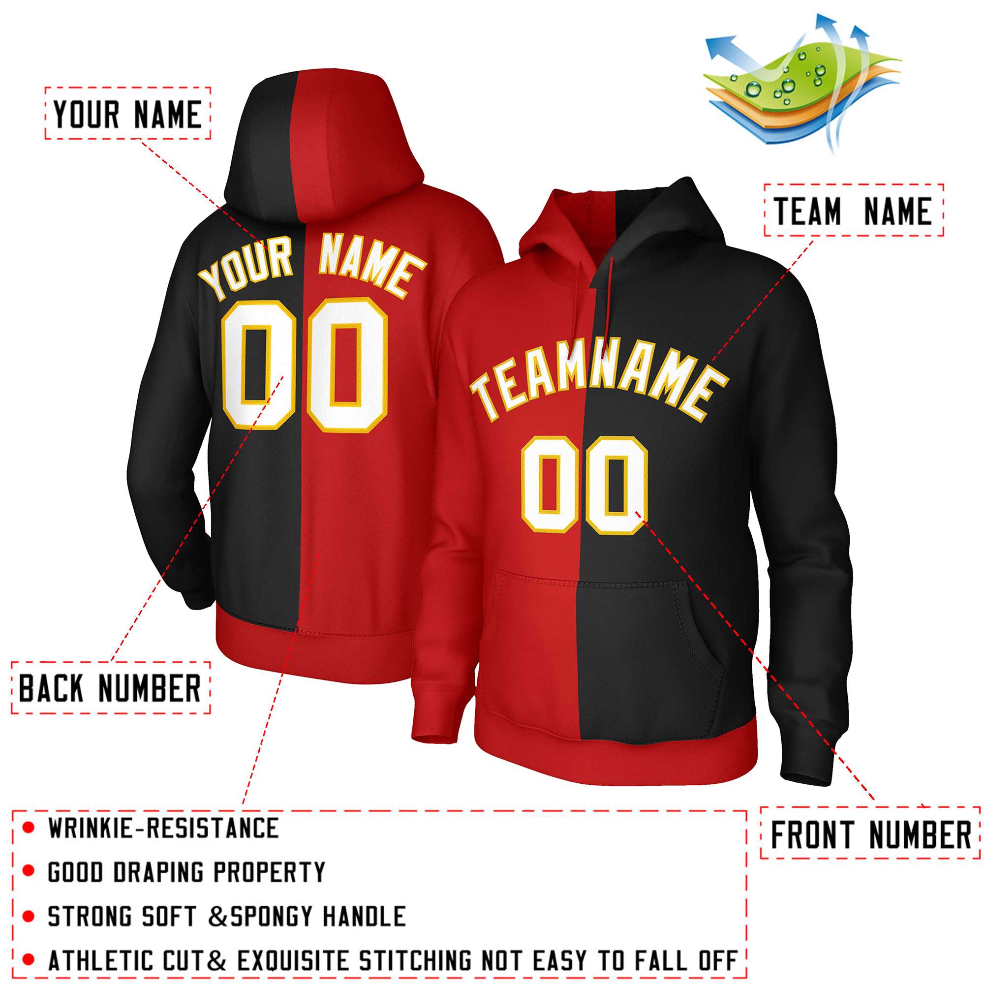 Custom Red Black White-Gold Split Fashion Stitched Sportwear Pullover Hoodie