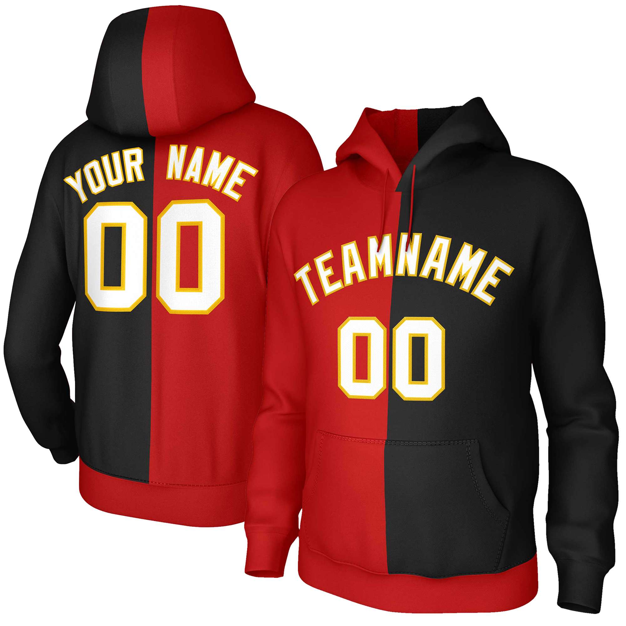 Custom Red Black White-Gold Split Fashion Stitched Sportwear Pullover Hoodie