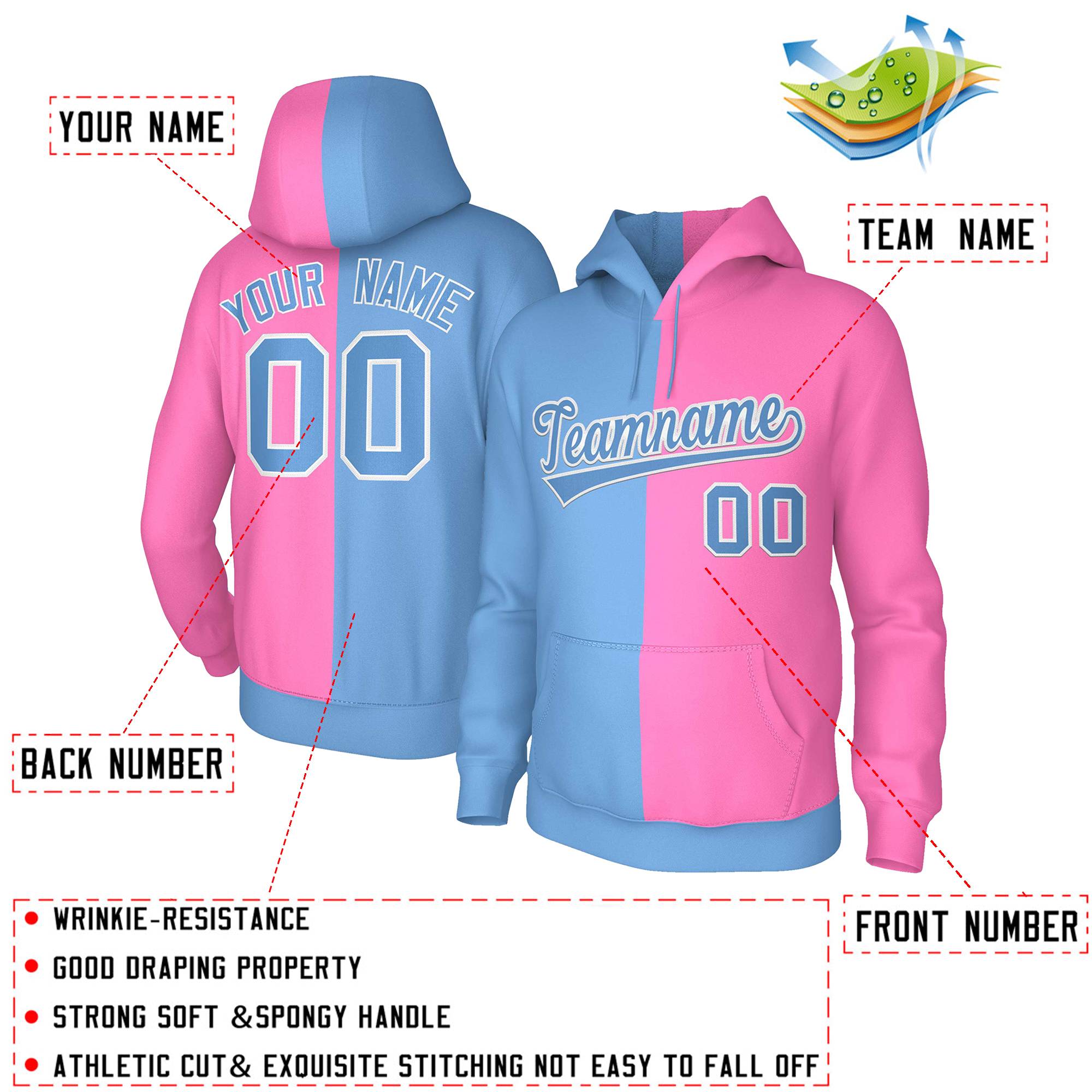 Custom Light Blue Pink Light Blue-White Split Fashion Stitched Sportwear Pullover Hoodie