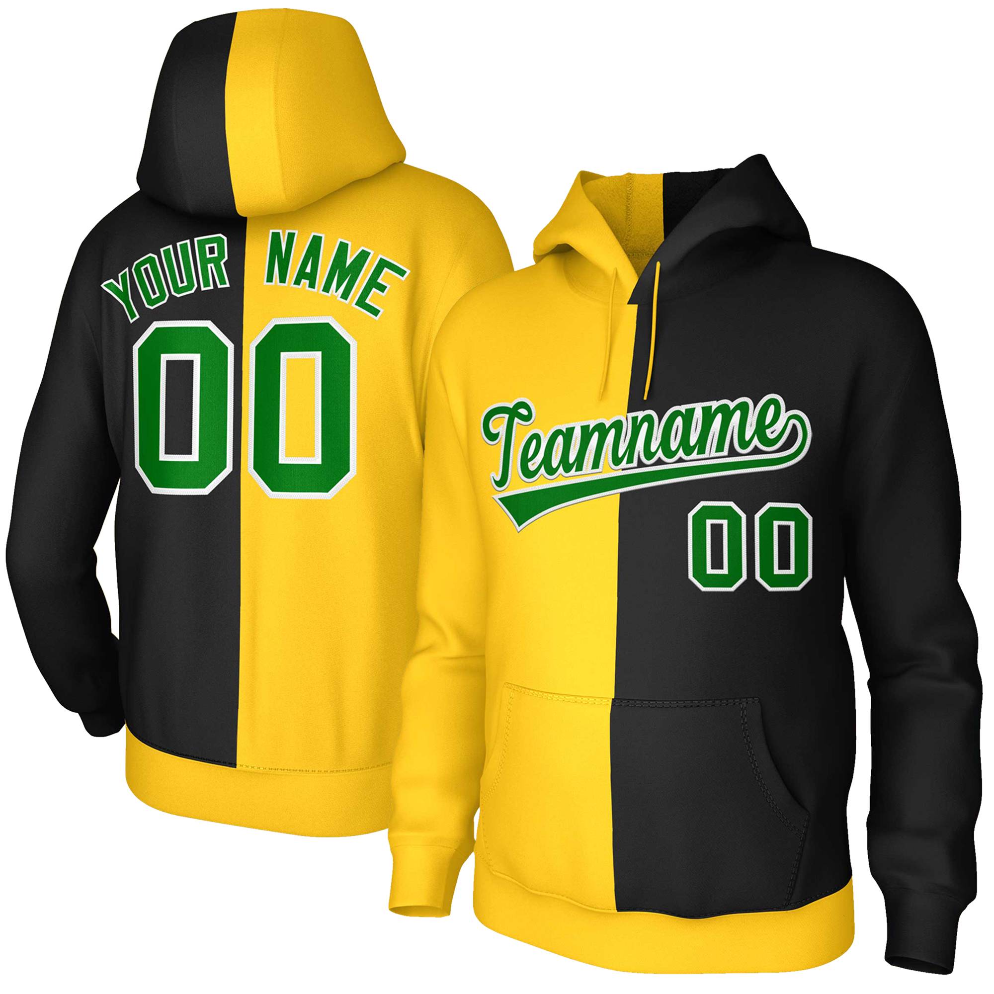 Custom Gold Black Kelly Green-White Split Fashion Stitched Sportwear Pullover Hoodie