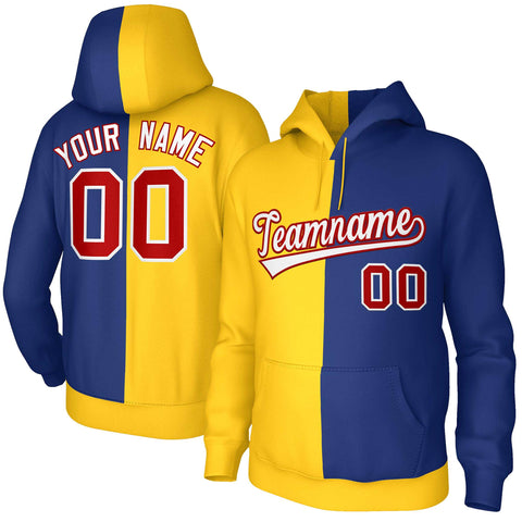 Custom Gold Royal White-Red Split Fashion Stitched Sportwear Pullover Hoodie