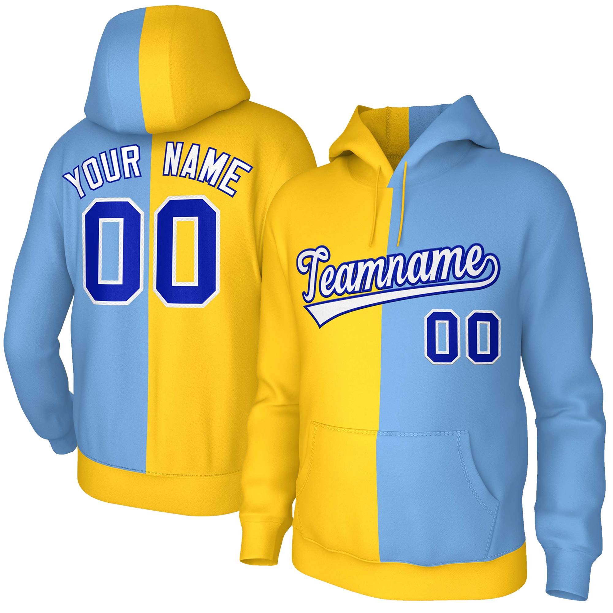 Custom Gold Light Blue White-Royal Split Fashion Stitched Sportwear Pullover Hoodie