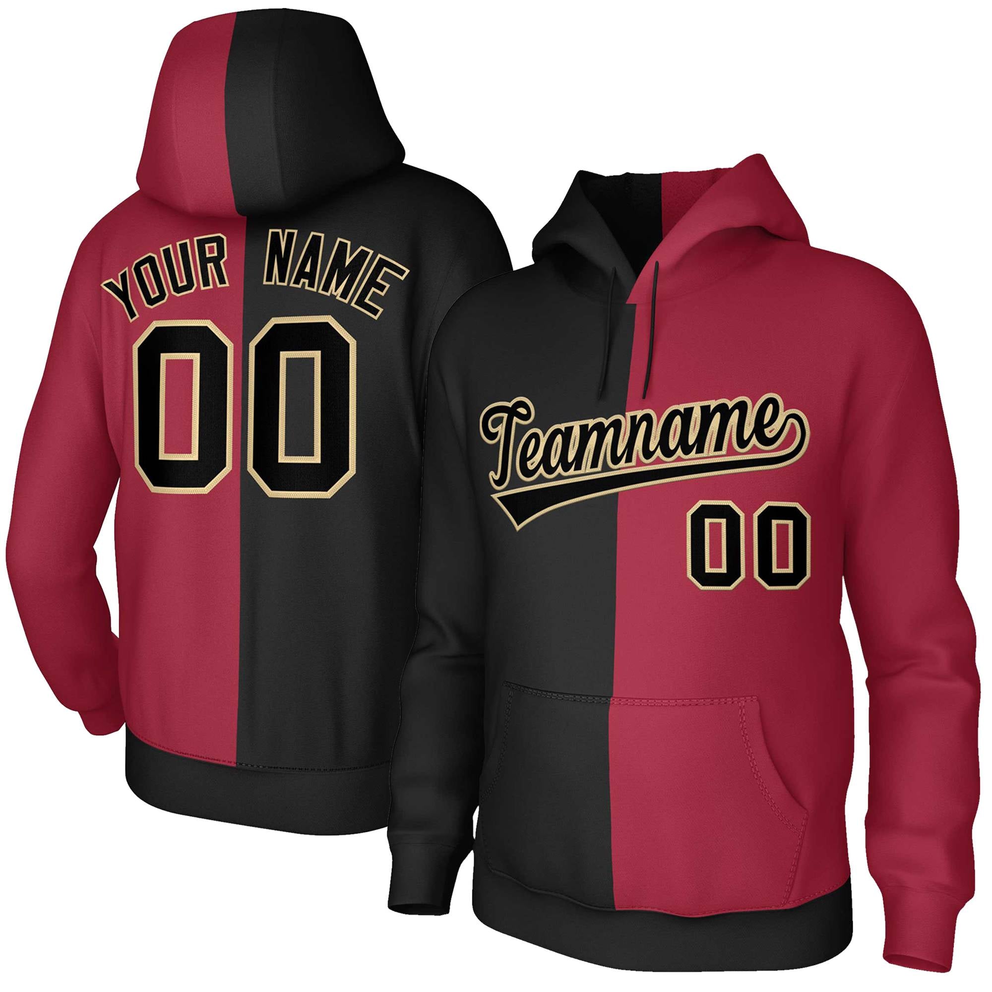 Custom Black Crimson Black-Old Gold Split Fashion Stitched Sportwear Pullover Hoodie