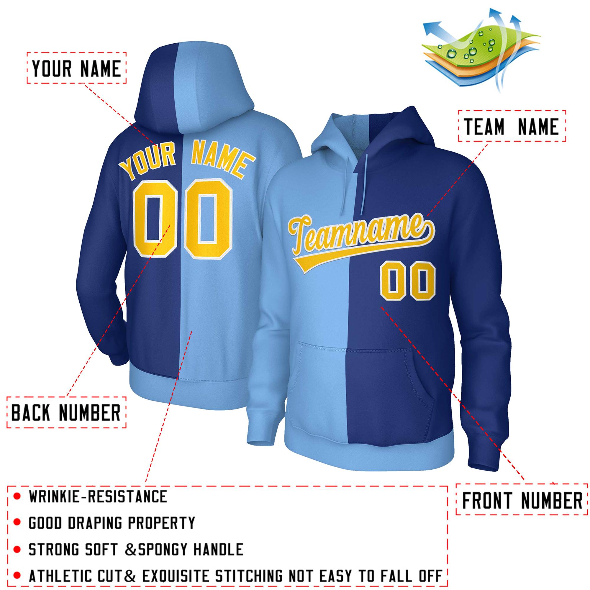 Custom Light Blue Royal Gold-White Split Fashion Stitched Sportwear Pullover Hoodie