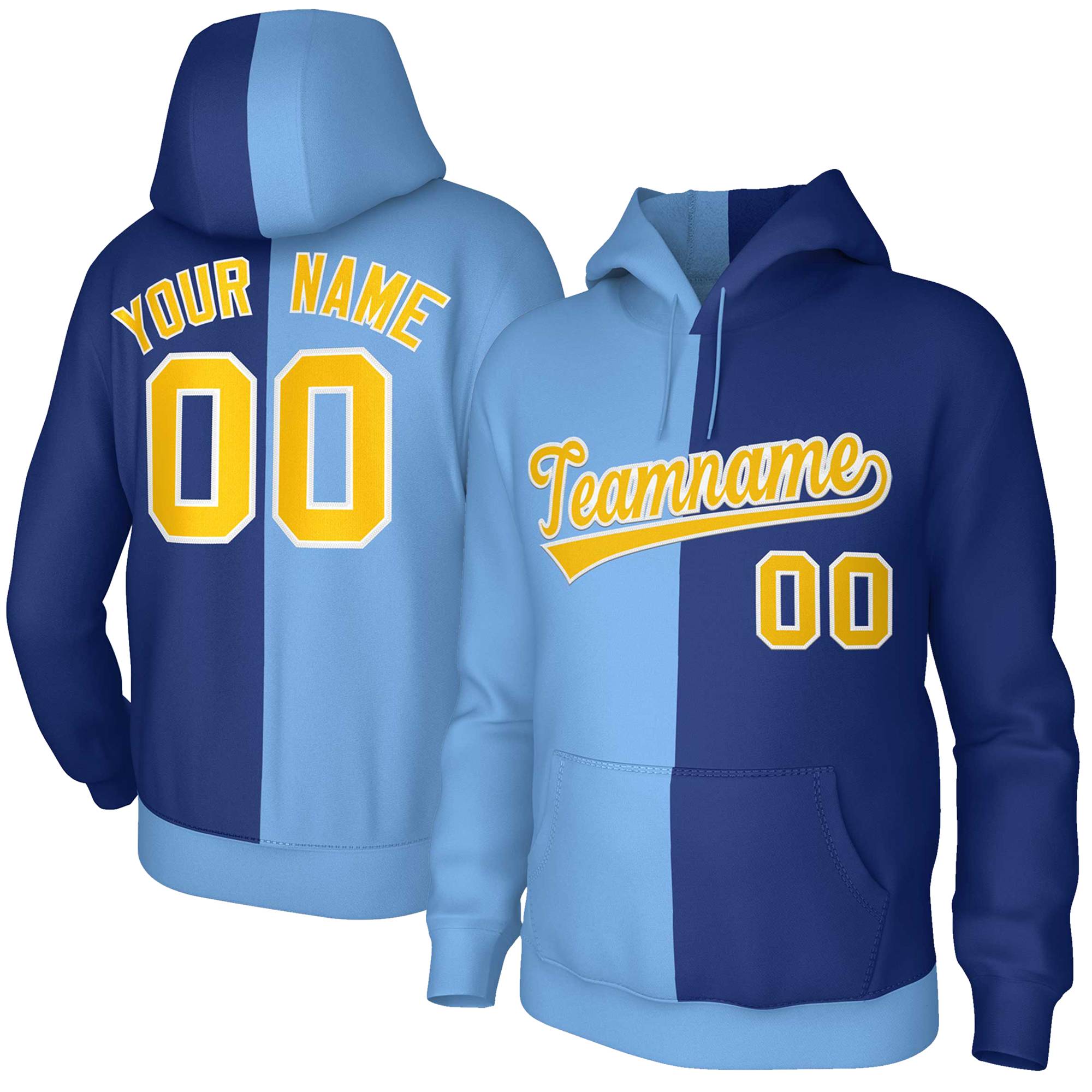 Custom Light Blue Royal Gold-White Split Fashion Stitched Sportwear Pullover Hoodie