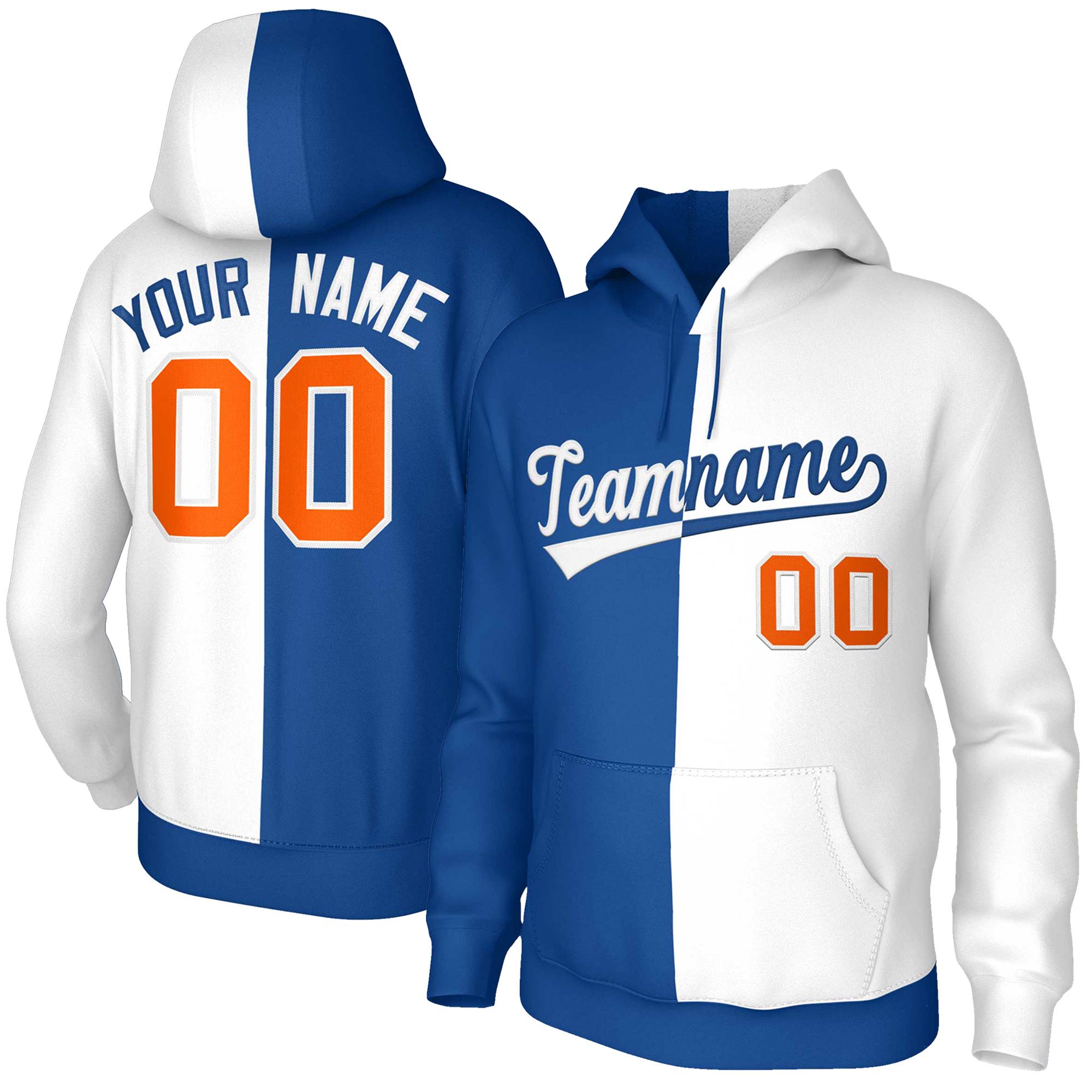 Custom Royal White White-Royal Split Fashion Stitched Sportwear Pullover Hoodie