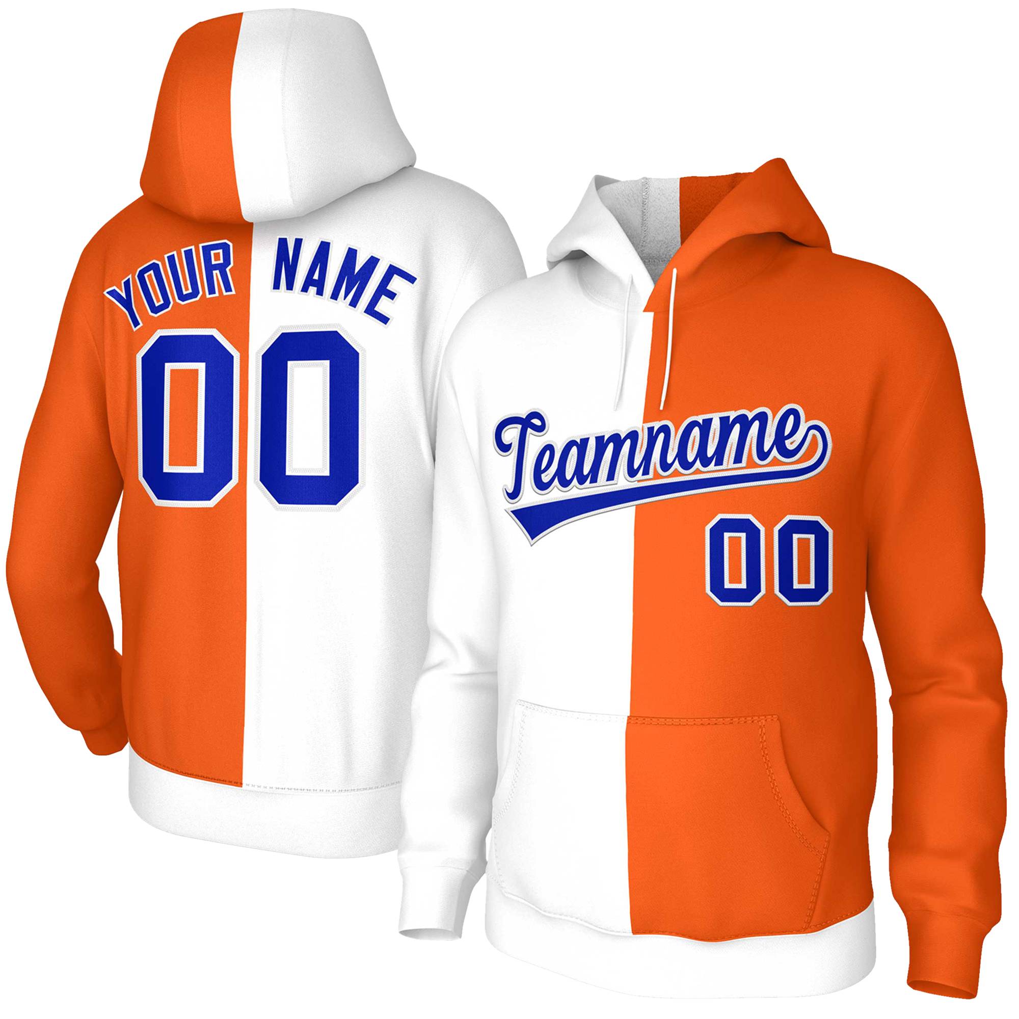 Sweat à capuche personnalisé blanc Orange Royal-blanc fendu, vêtements de sport cousus à la mode