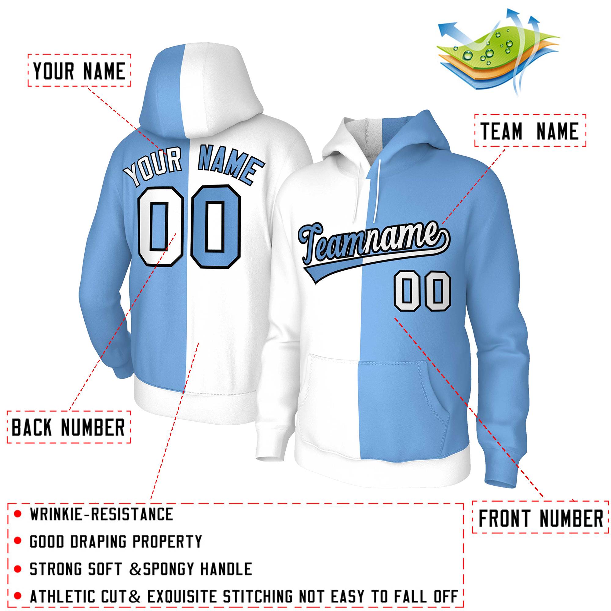 Custom White Light Blue Light Blue-Black Split Fashion Stitched Sportwear Pullover Hoodie