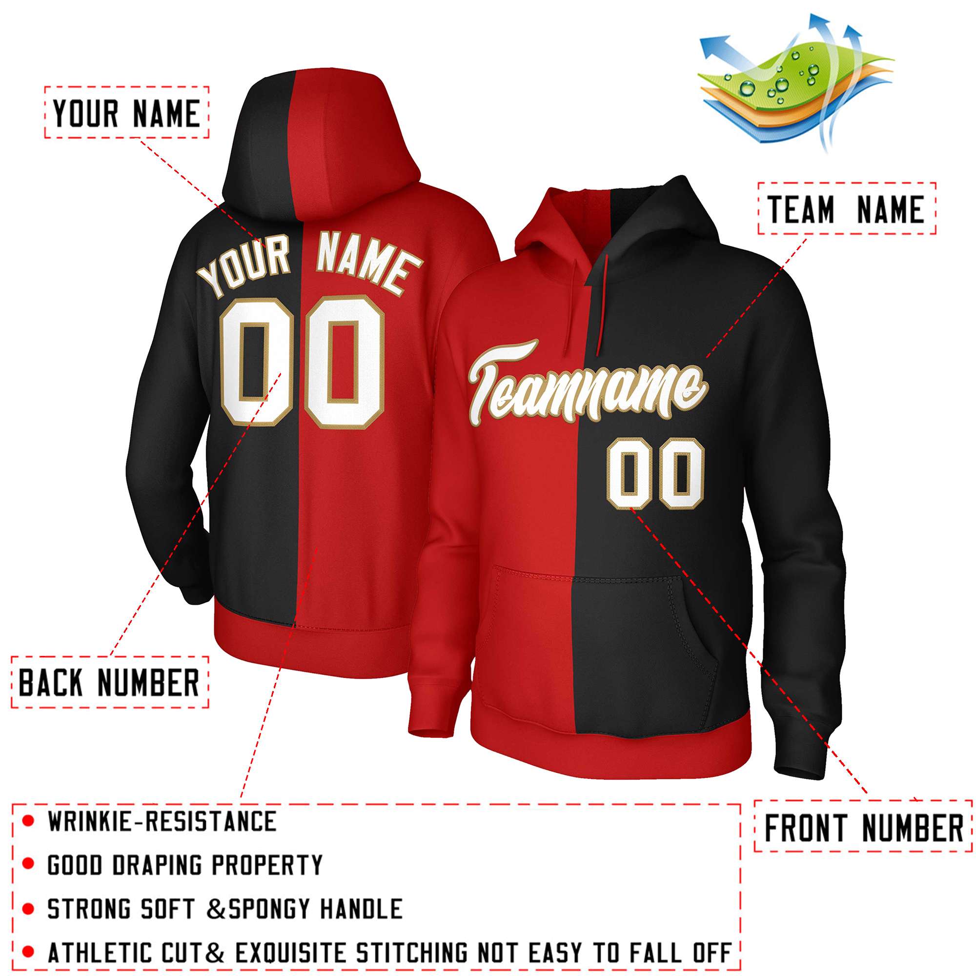 Custom Red Black White-Old Gold Split Fashion Stitched Sportwear Pullover Hoodie