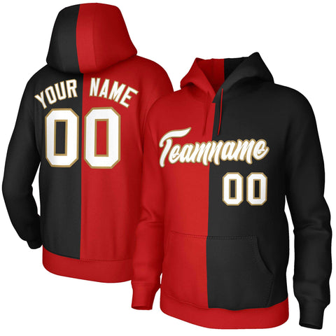 Custom Red Black White-Old Gold Split Fashion Stitched Sportwear Pullover Hoodie