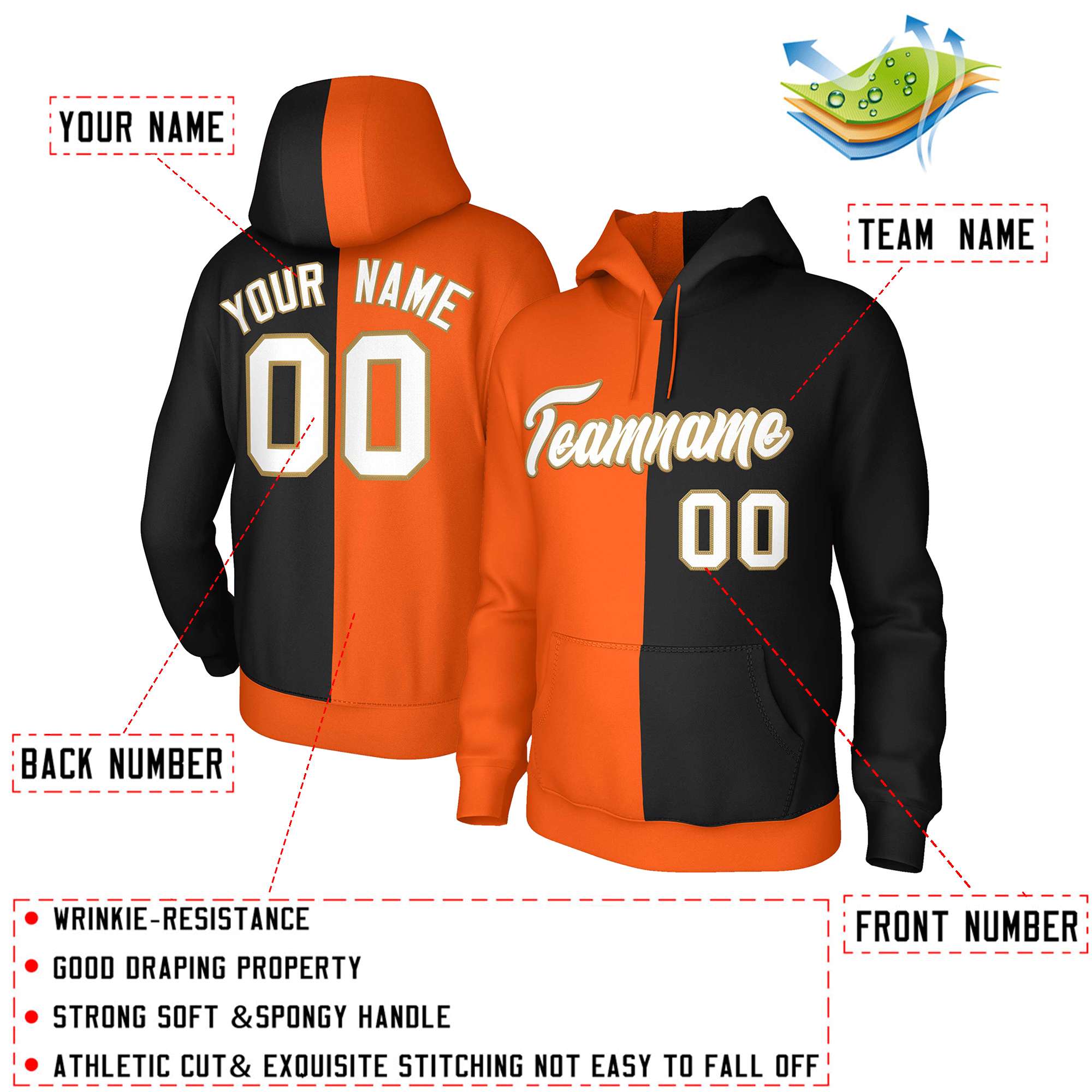 Custom Orange Black White-Old Gold Split Fashion Stitched Sportwear Pullover Hoodie