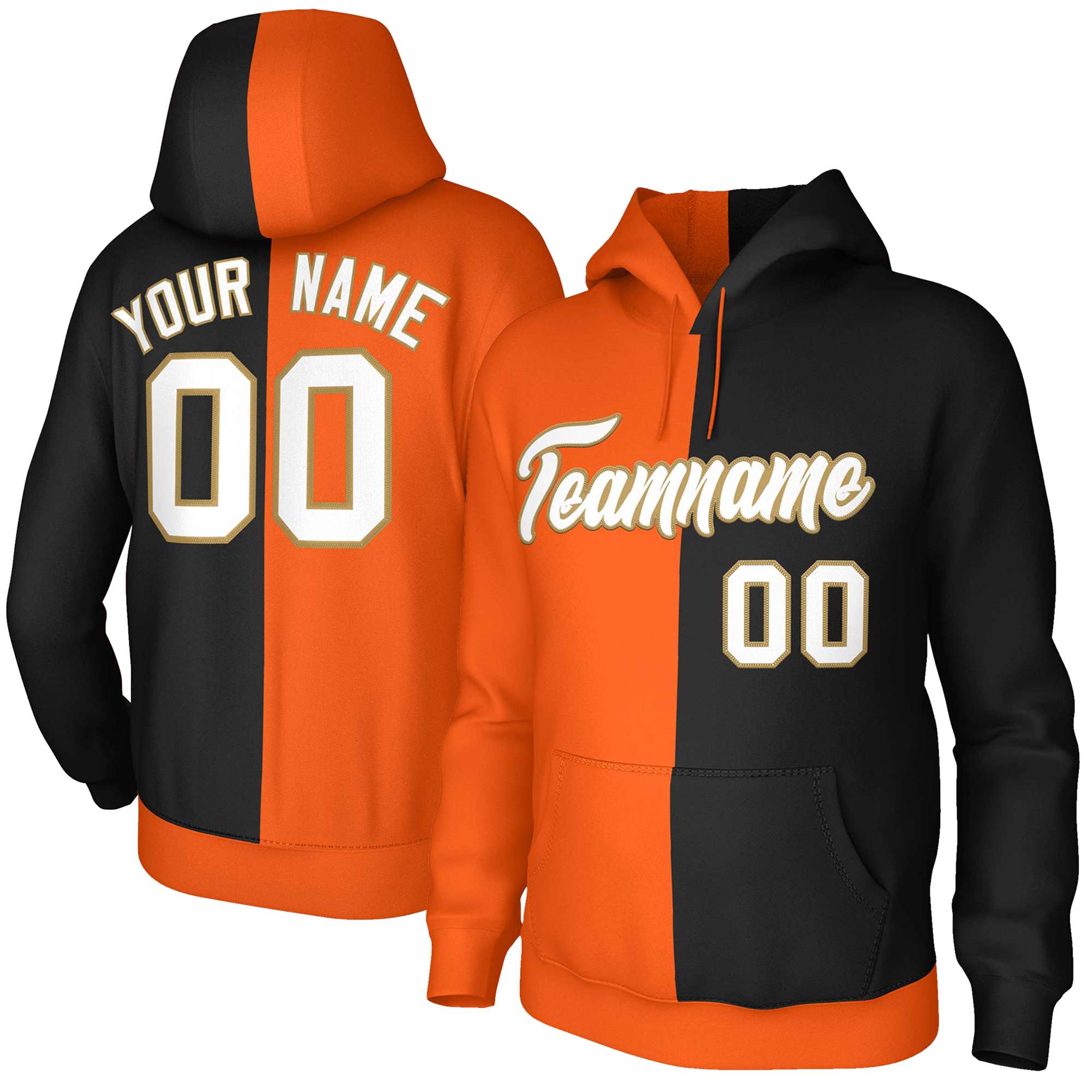 Custom Orange Black White-Old Gold Split Fashion Stitched Sportwear Pullover Hoodie