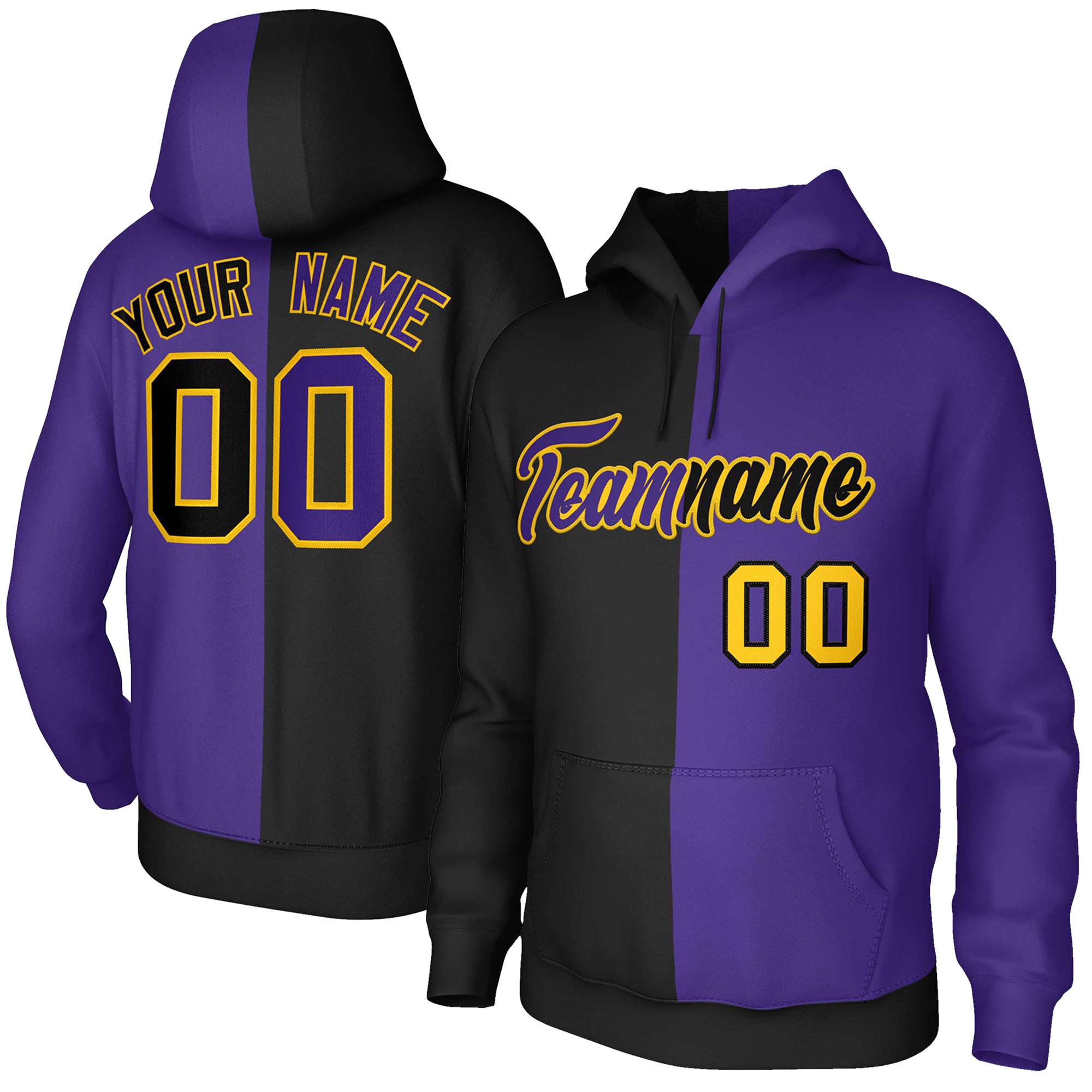 Custom Black Purple Purple-Gold Split Fashion Stitched Sportwear Pullover Hoodie