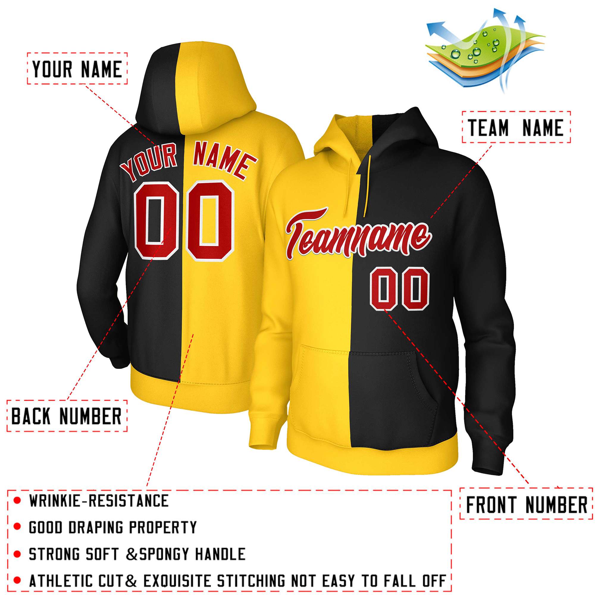 Custom Gold Black Red-White Split Fashion Stitched Sportwear Pullover Hoodie