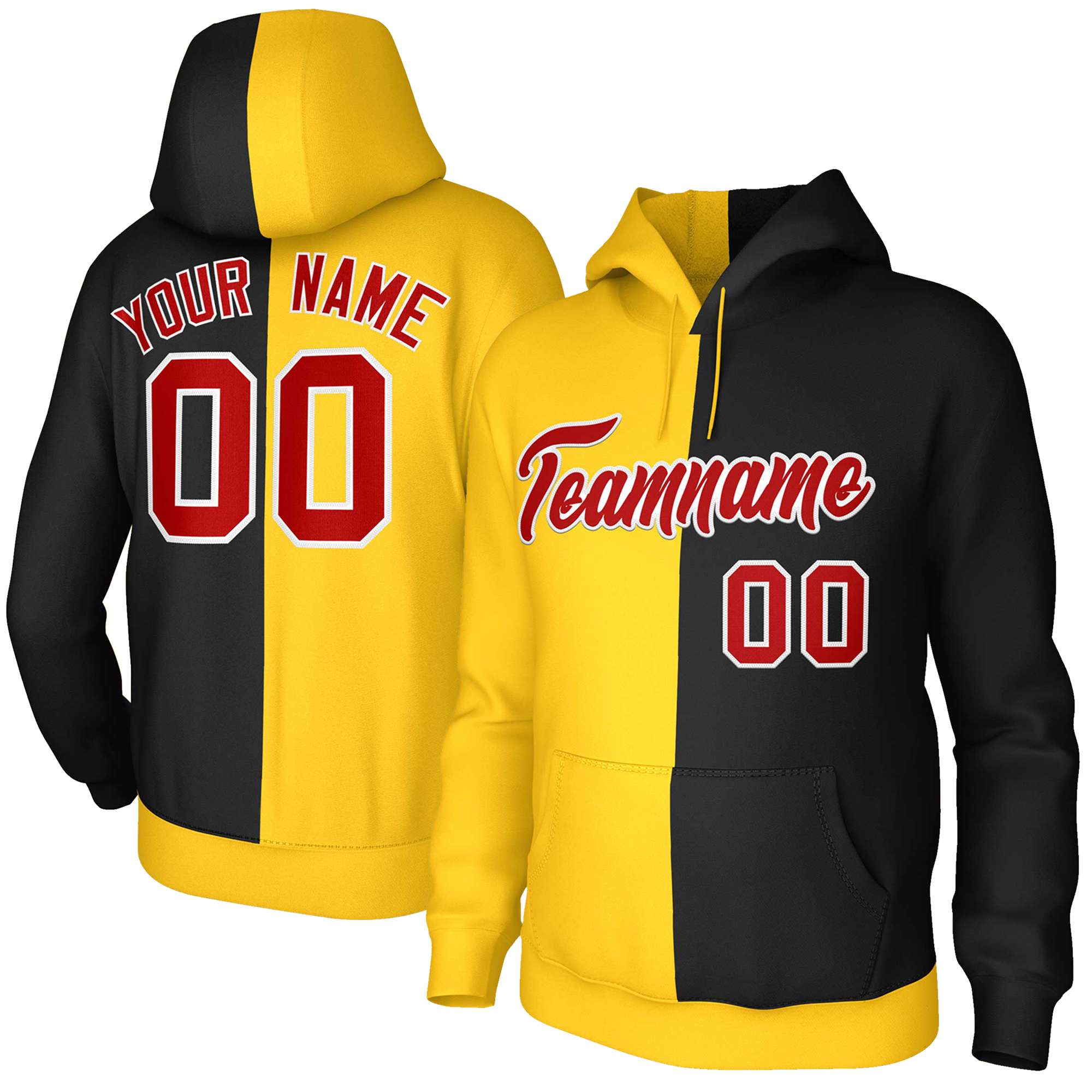 Custom Gold Black Red-White Split Fashion Stitched Sportwear Pullover Hoodie