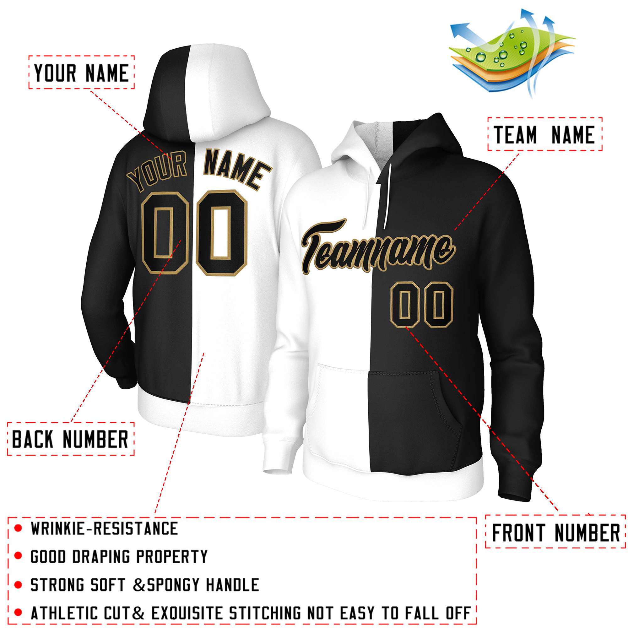 Custom White Black-Old Gold Split Fashion Stitched Sportwear Pullover Hoodie