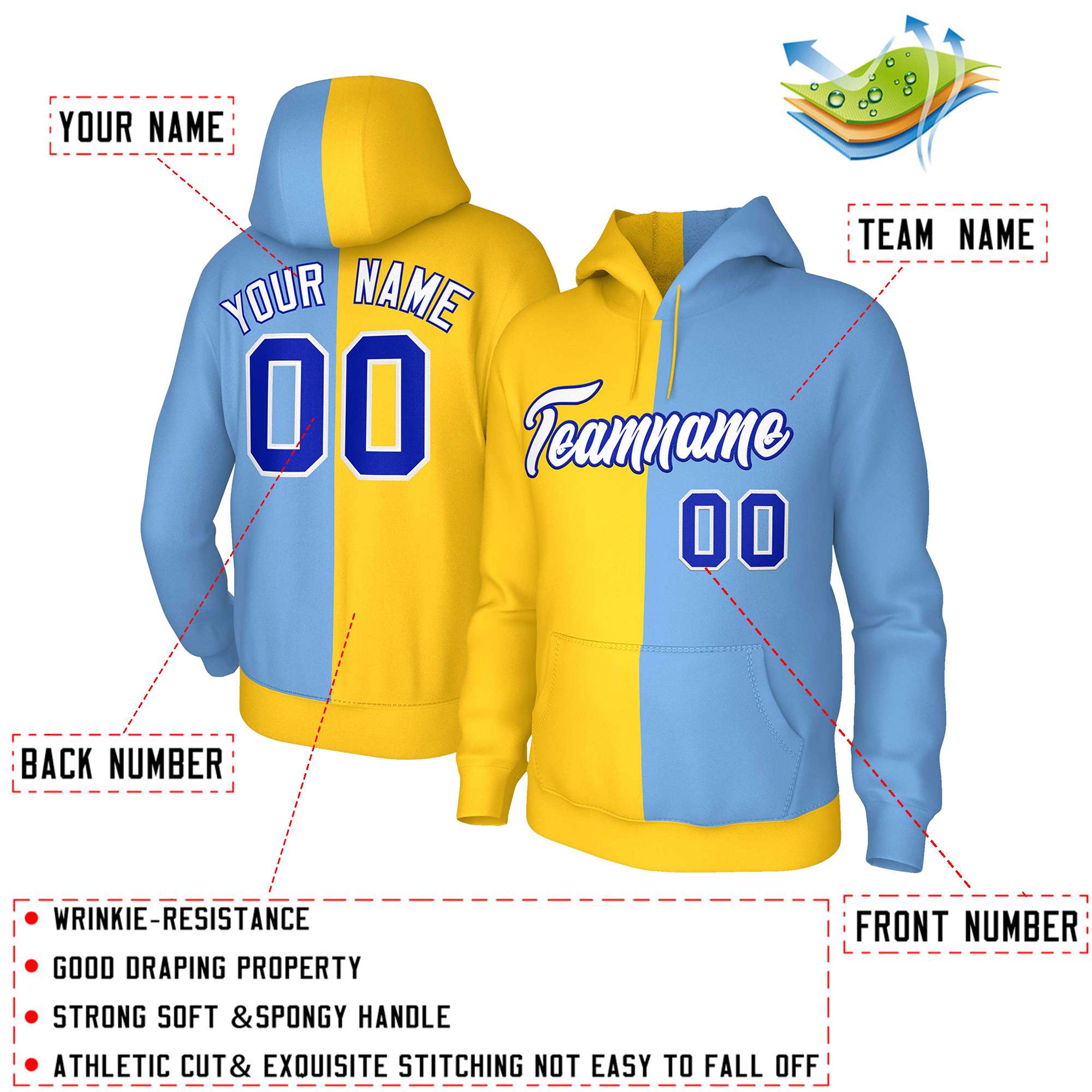 Custom Gold Light Blue White-Royal Split Fashion Stitched Sportwear Pullover Hoodie