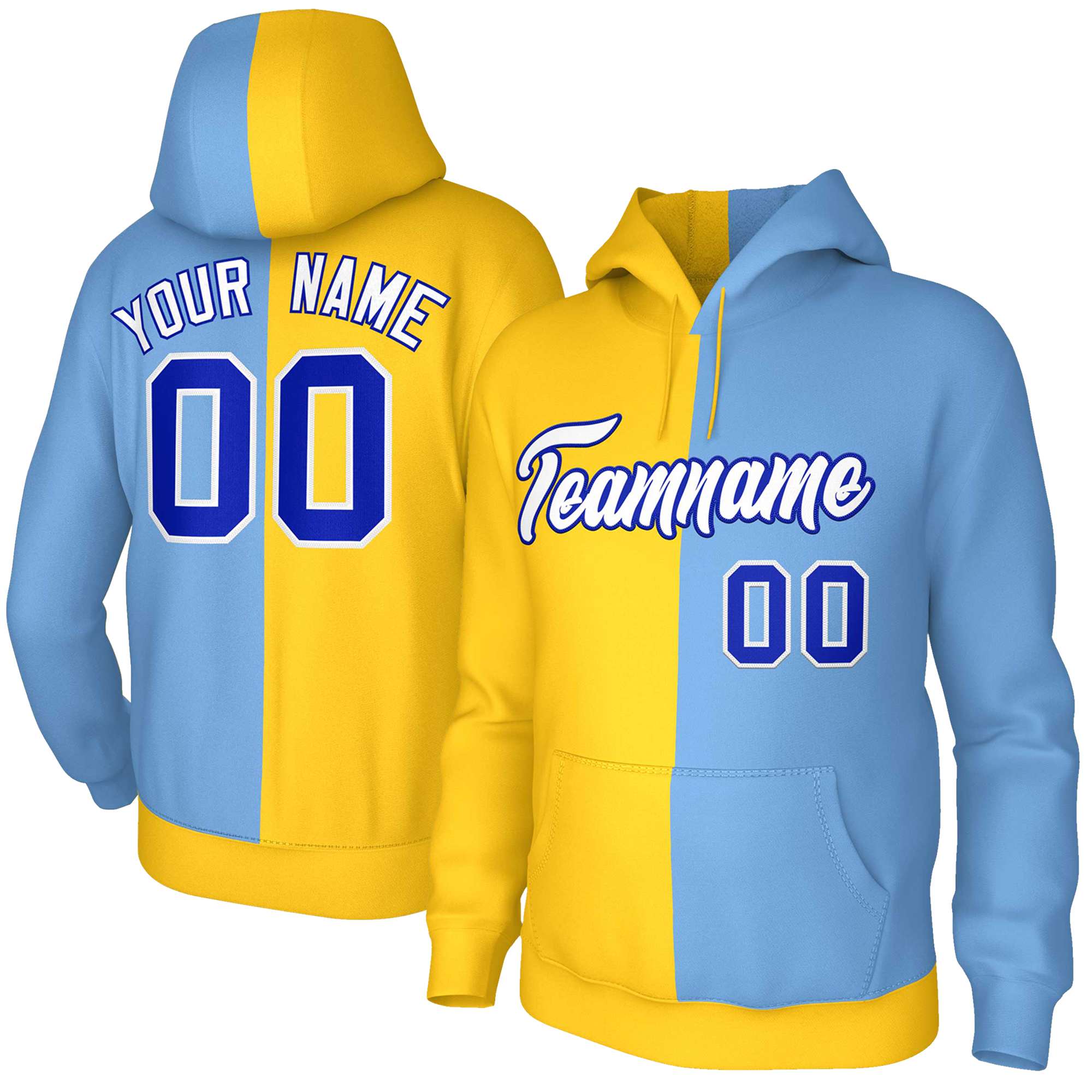 Custom Gold Light Blue White-Royal Split Fashion Stitched Sportwear Pullover Hoodie