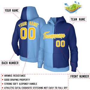 Custom Light Blue Royal Gold-White Split Fashion Stitched Sportwear Pullover Hoodie