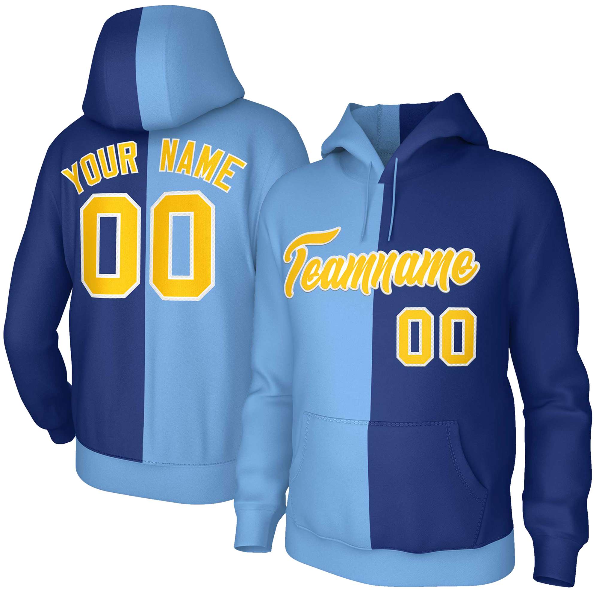 Custom Light Blue Royal Gold-White Split Fashion Stitched Sportwear Pullover Hoodie