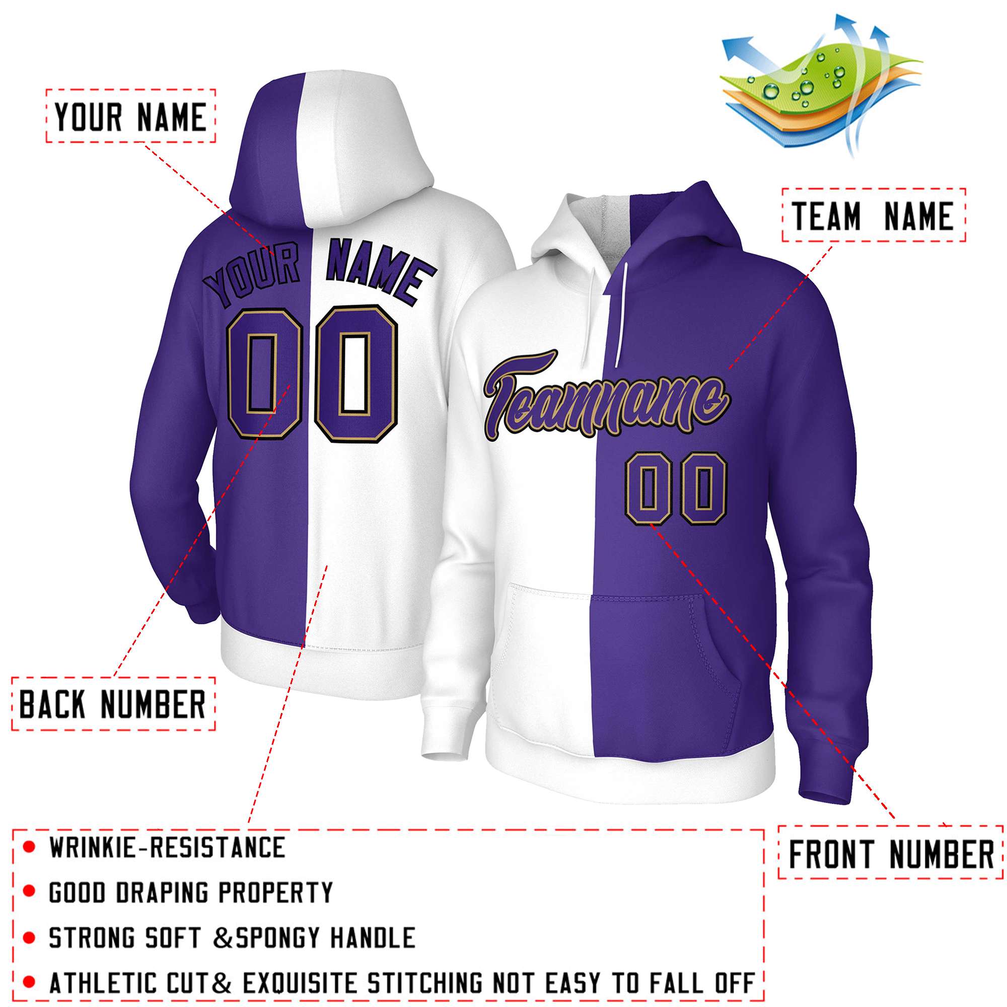 Custom White Purple Purple-Old Gold Split Fashion Stitched Sportwear Pullover Hoodie