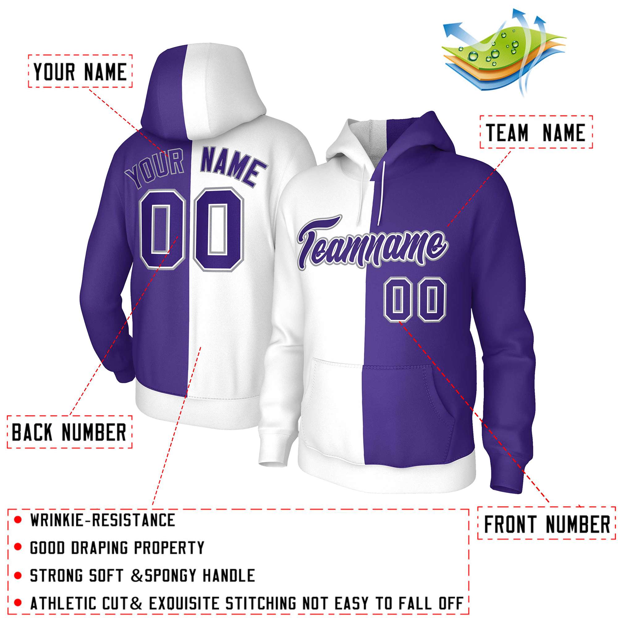 Custom White Purple Purple-White Split Fashion Stitched Sportwear Pullover Hoodie