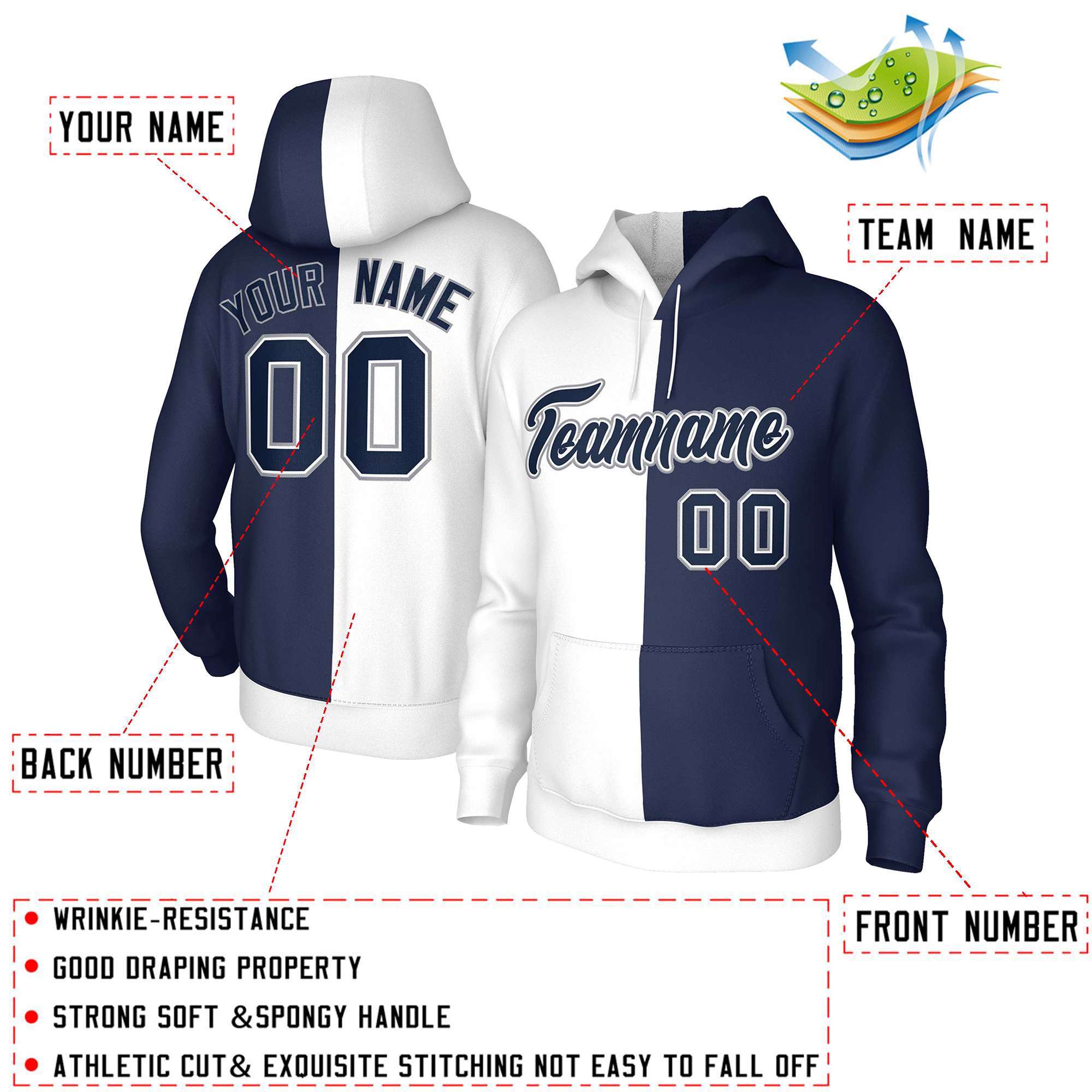 Custom White Navy Navy-White Split Fashion Stitched Sportwear Pullover Hoodie