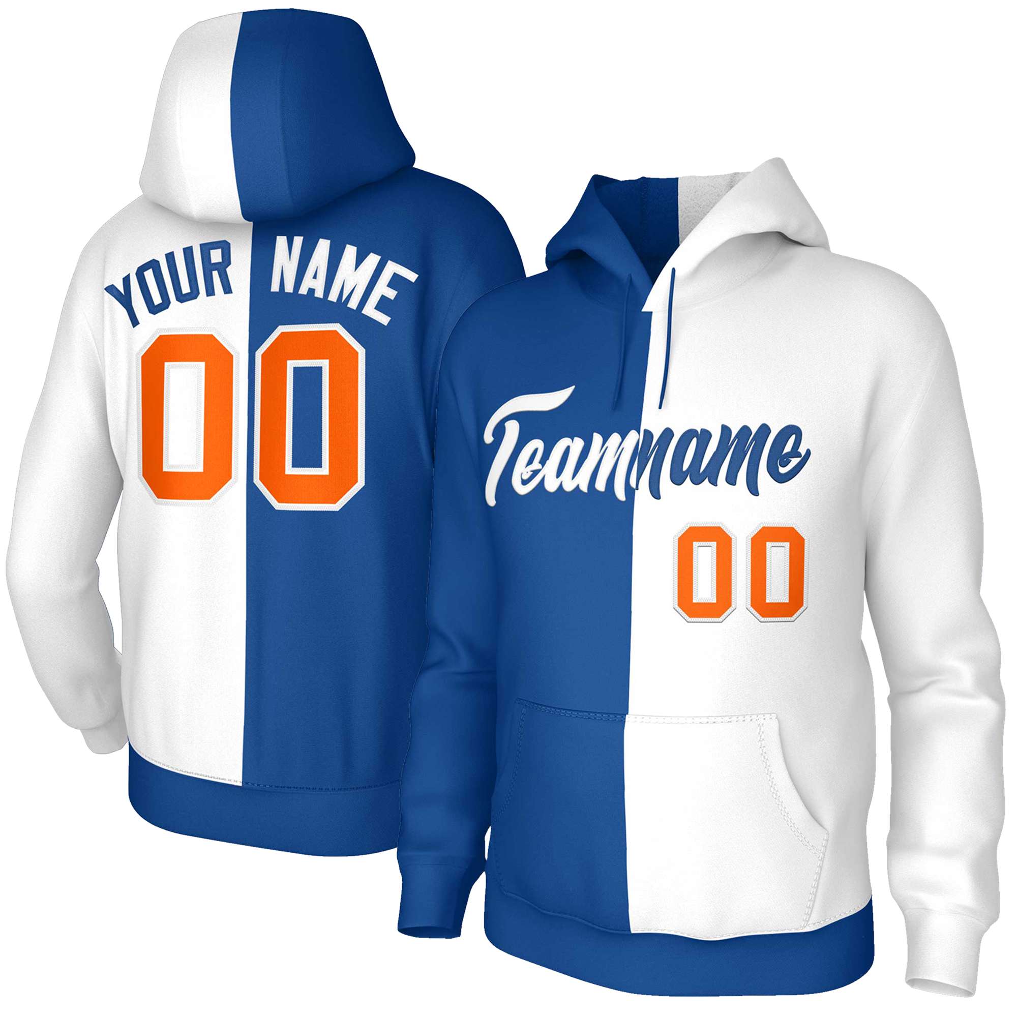 Custom Royal White White-Royal Split Fashion Stitched Sportwear Pullover Hoodie