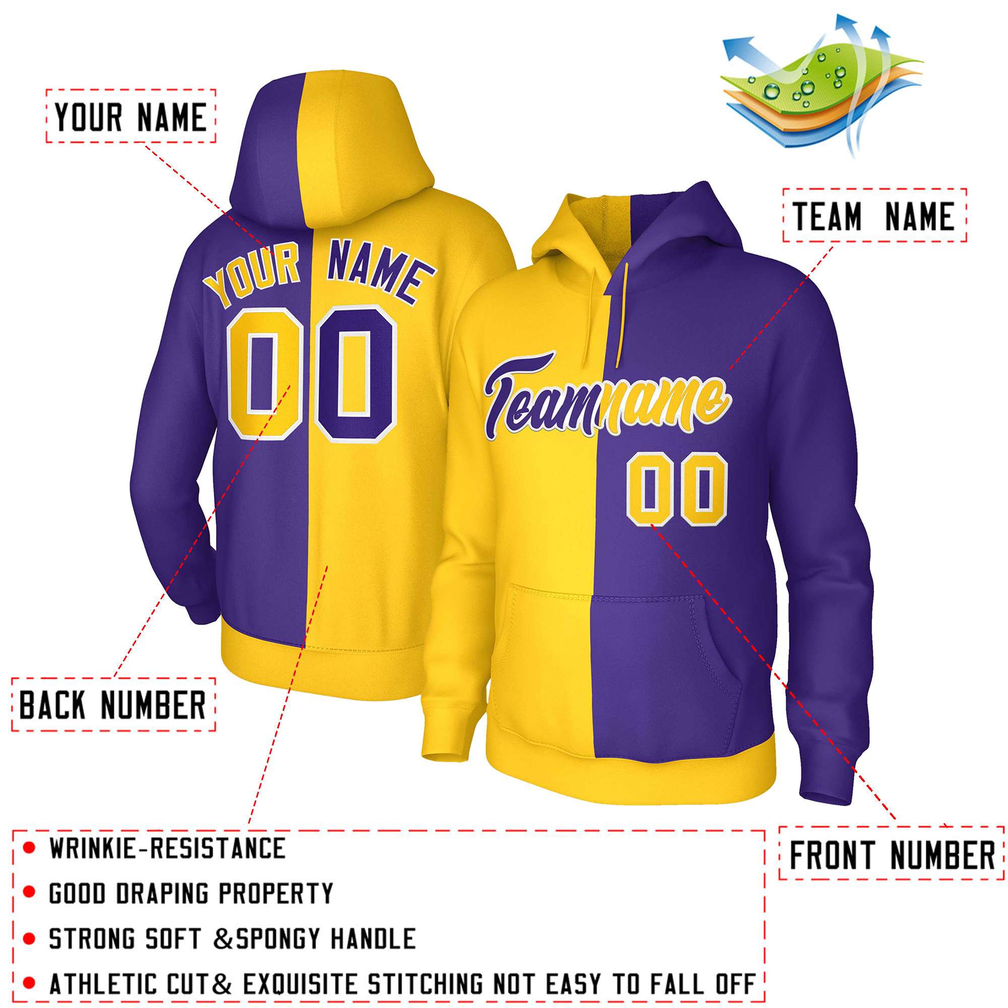 Custom Gold Purple-White Split Fashion Stitched Sportwear Pullover Hoodie