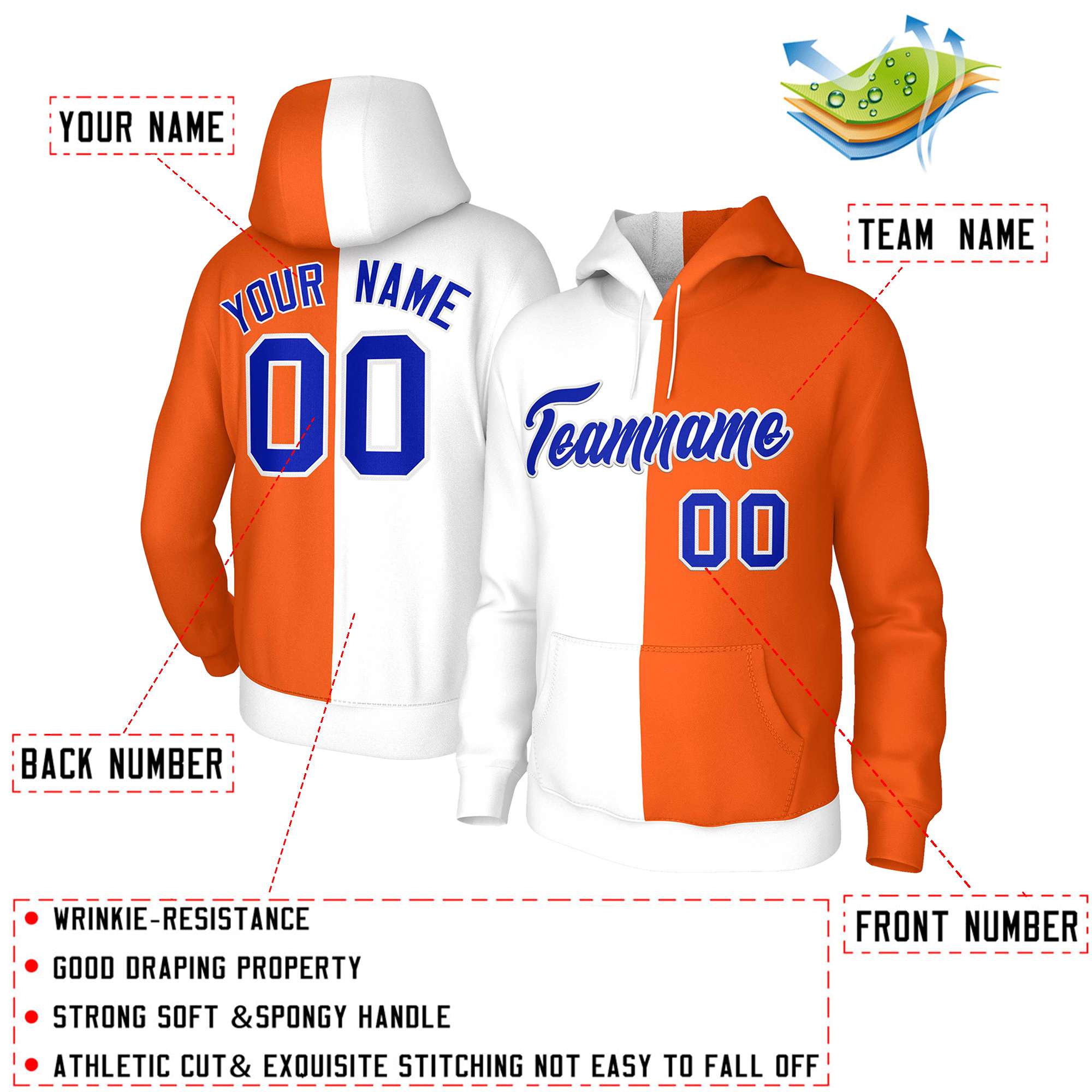 Custom White Orange Royal-White Split Fashion Stitched Sportwear Pullover Hoodie