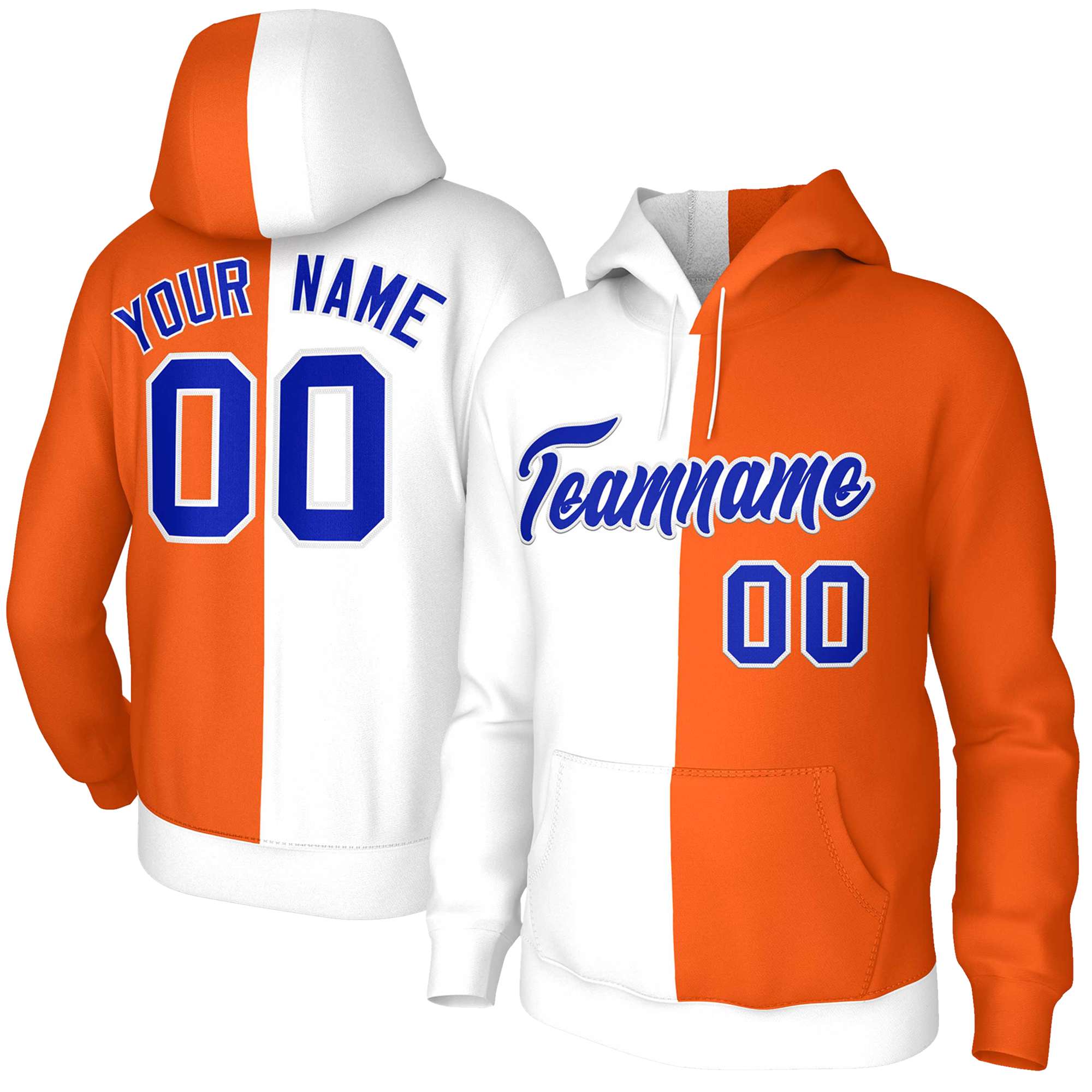 Sweat à capuche personnalisé blanc Orange Royal-blanc fendu, vêtements de sport cousus à la mode