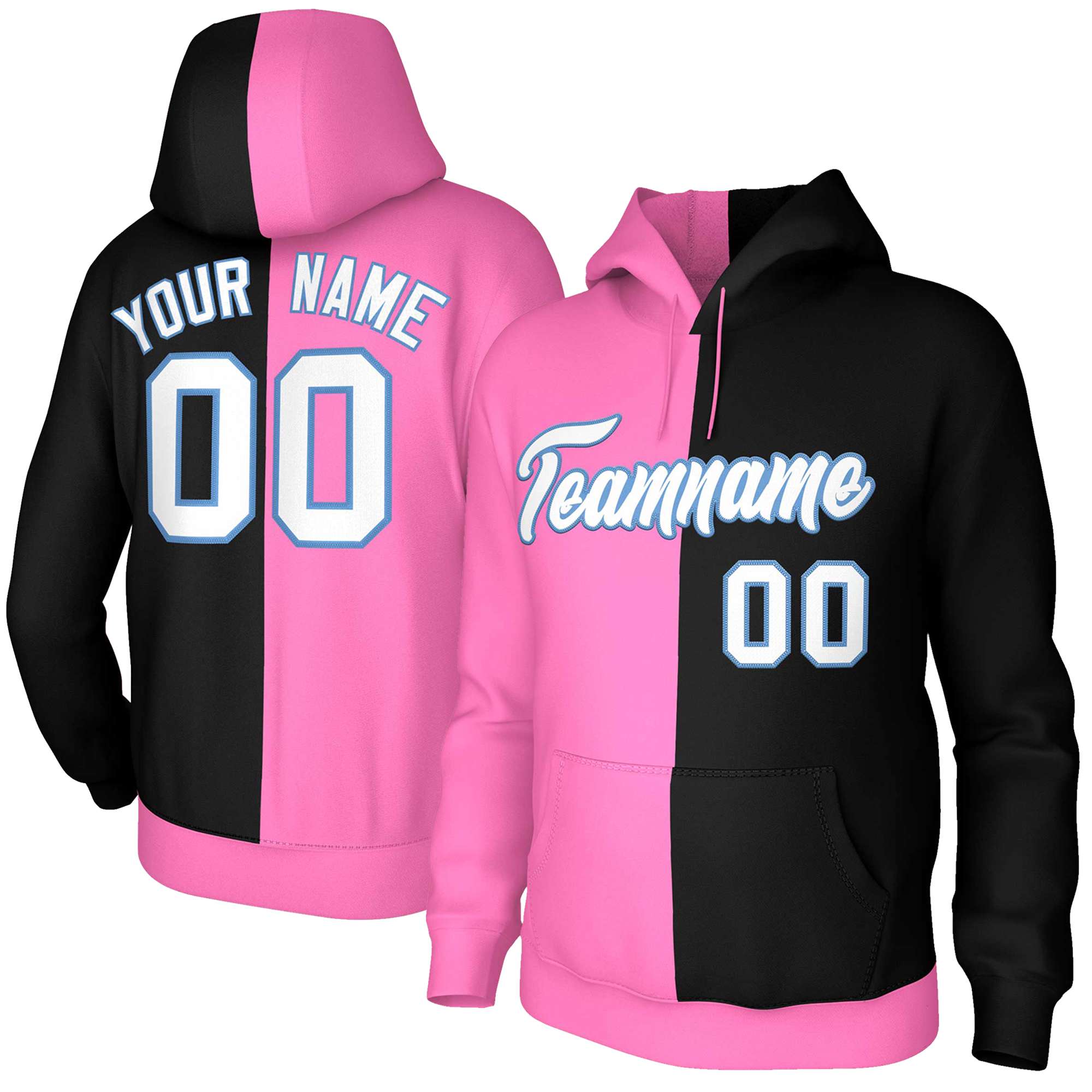 Custom Pink Black White-Light Blue Split Fashion Stitched Sportwear Pullover Hoodie