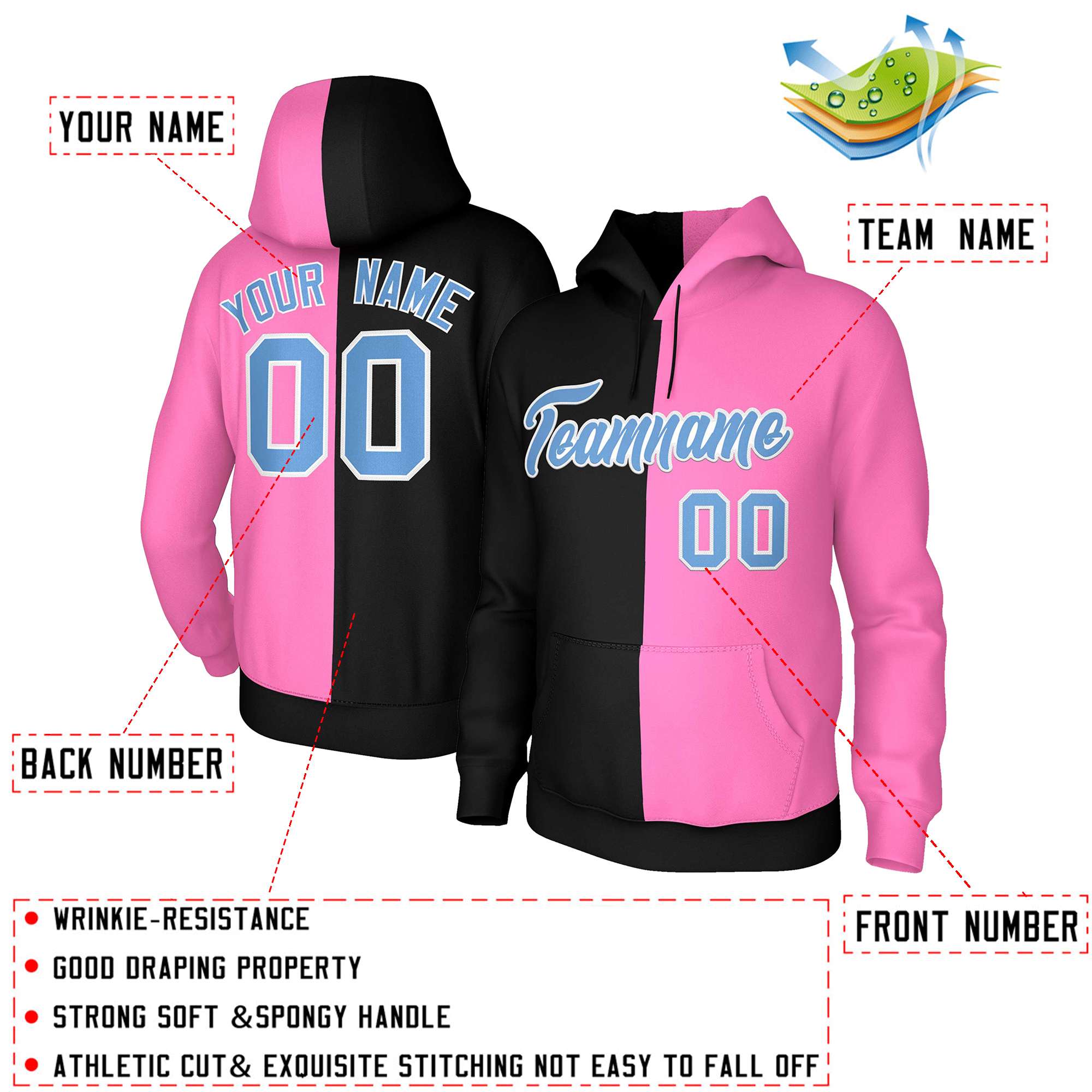 Custom Black Pink Light Blue-White Split Fashion Stitched Sportwear Pullover Hoodie