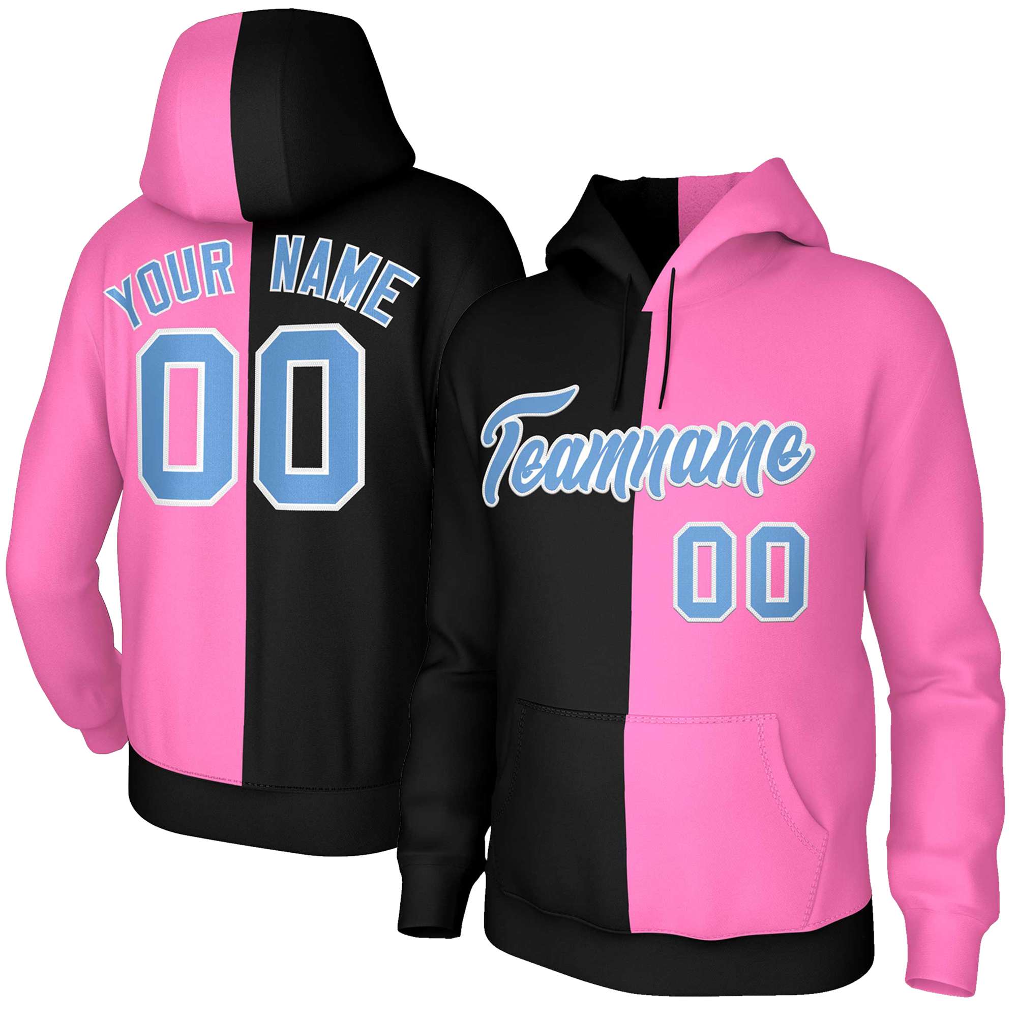 Custom Black Pink Light Blue-White Split Fashion Stitched Sportwear Pullover Hoodie