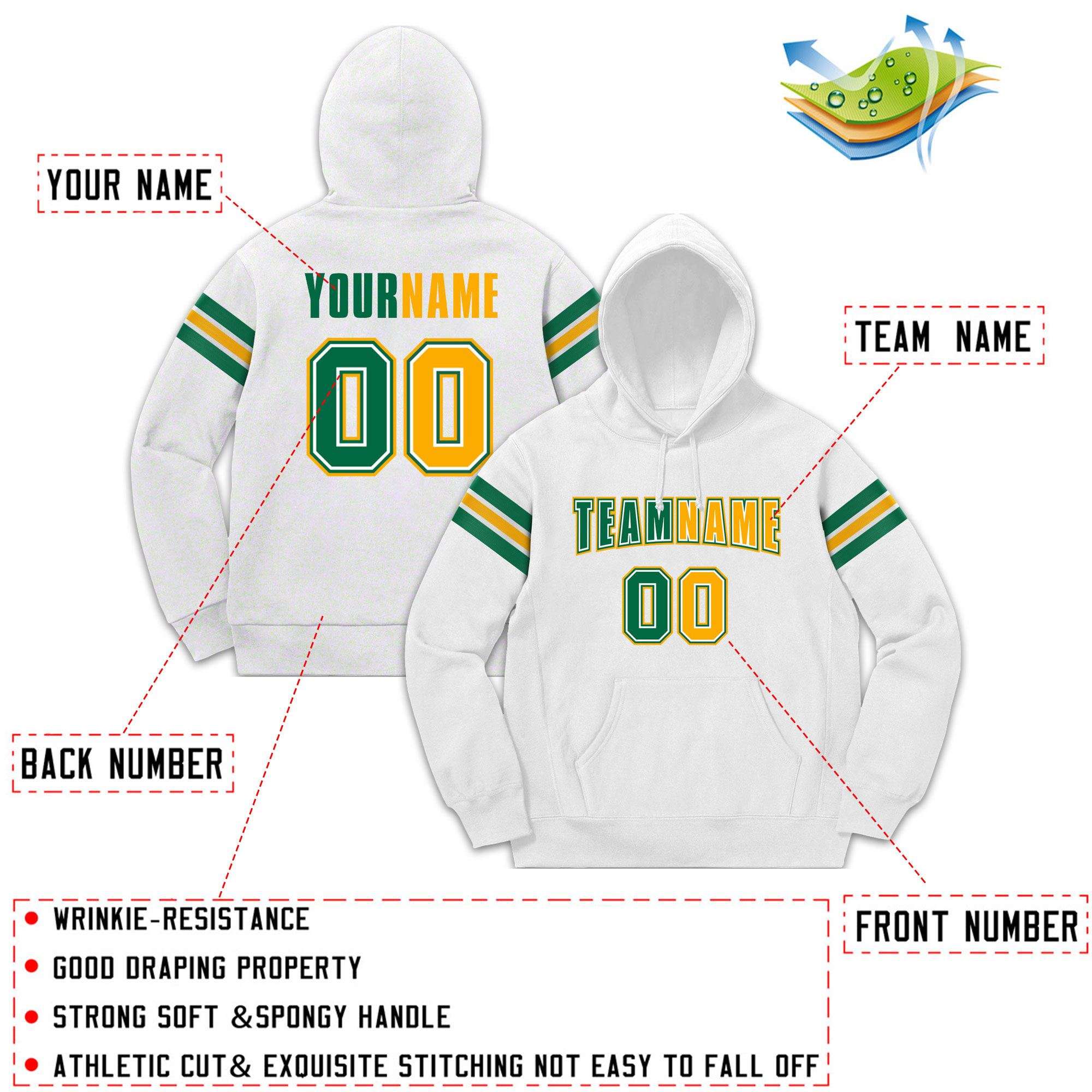 Custom Stitched White Kelly Green-Yellow Cotton Pullover Sweatshirt Hoodie