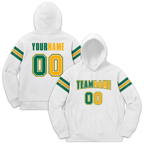 Custom Stitched White Kelly Green-Yellow Cotton Pullover Sweatshirt Hoodie